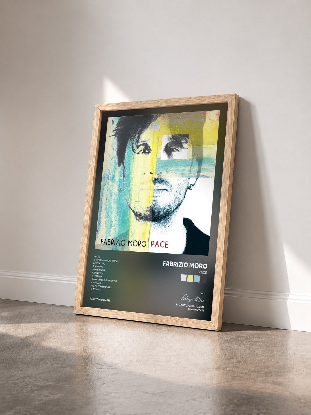 #bois Tableau de l'album Pace de Fabrizio Moro vu de trois quarts, cadre en bois brut