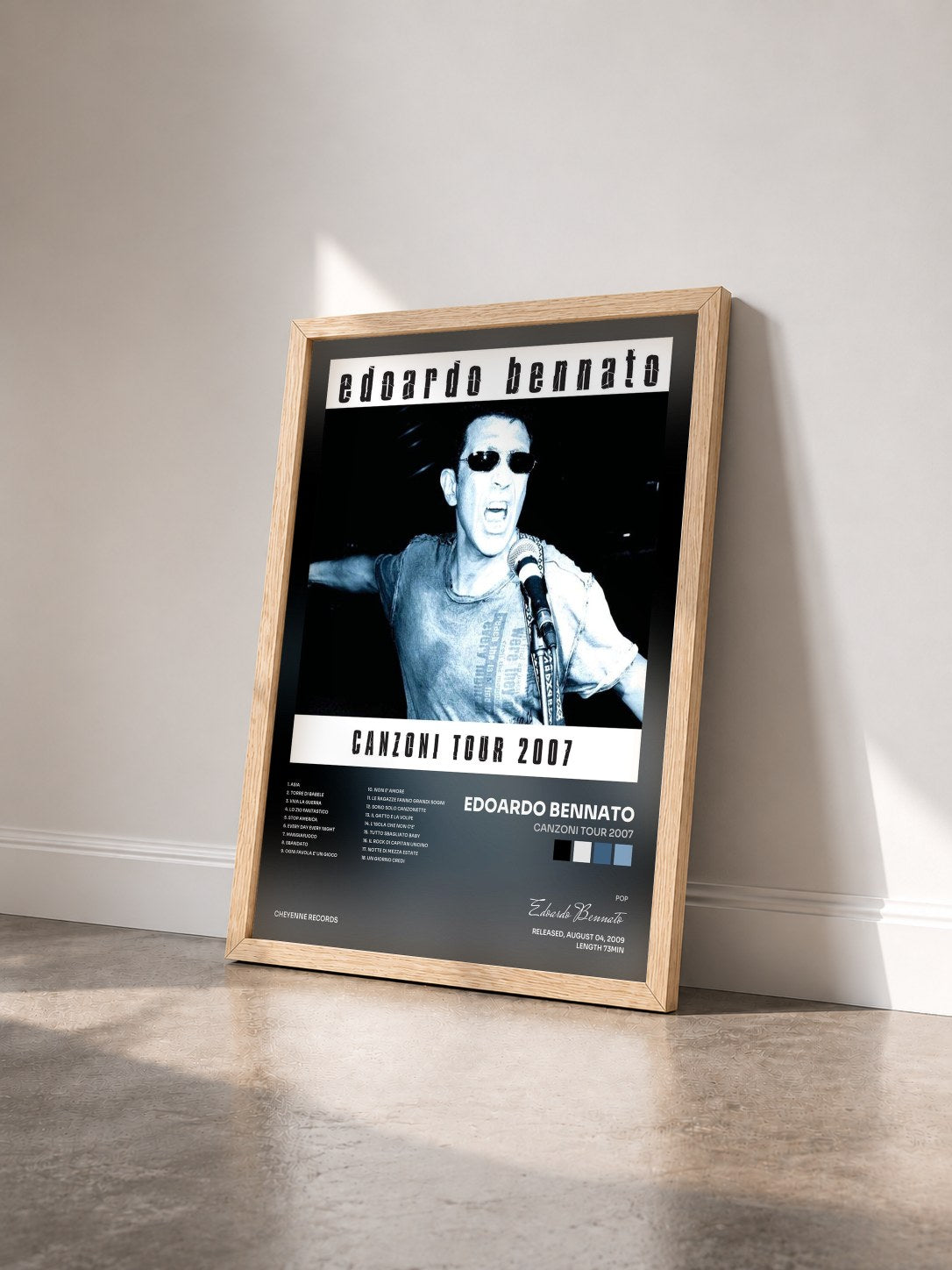 #bois Tableau de l'album Canzoni tour 2007 de Edoardo Bennato vu de trois quarts, cadre en bois brut