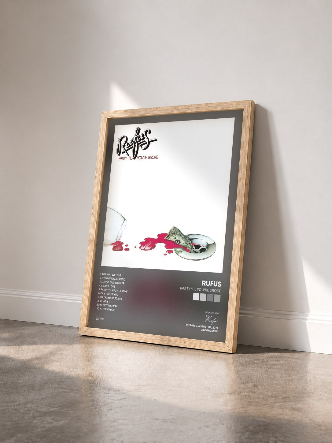 #bois Tableau de l'album Party 'Til You're Broke de Rufus vu de trois quarts, cadre en bois brut