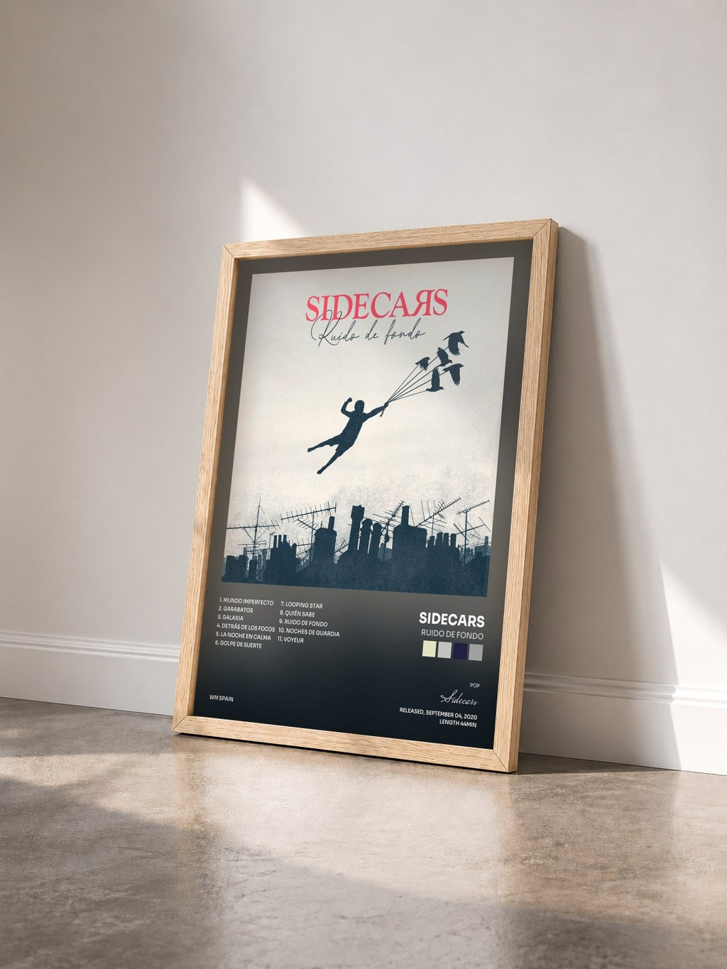#bois Tableau de l'album Ruido de fondo de Sidecars vu de trois quarts, cadre en bois brut