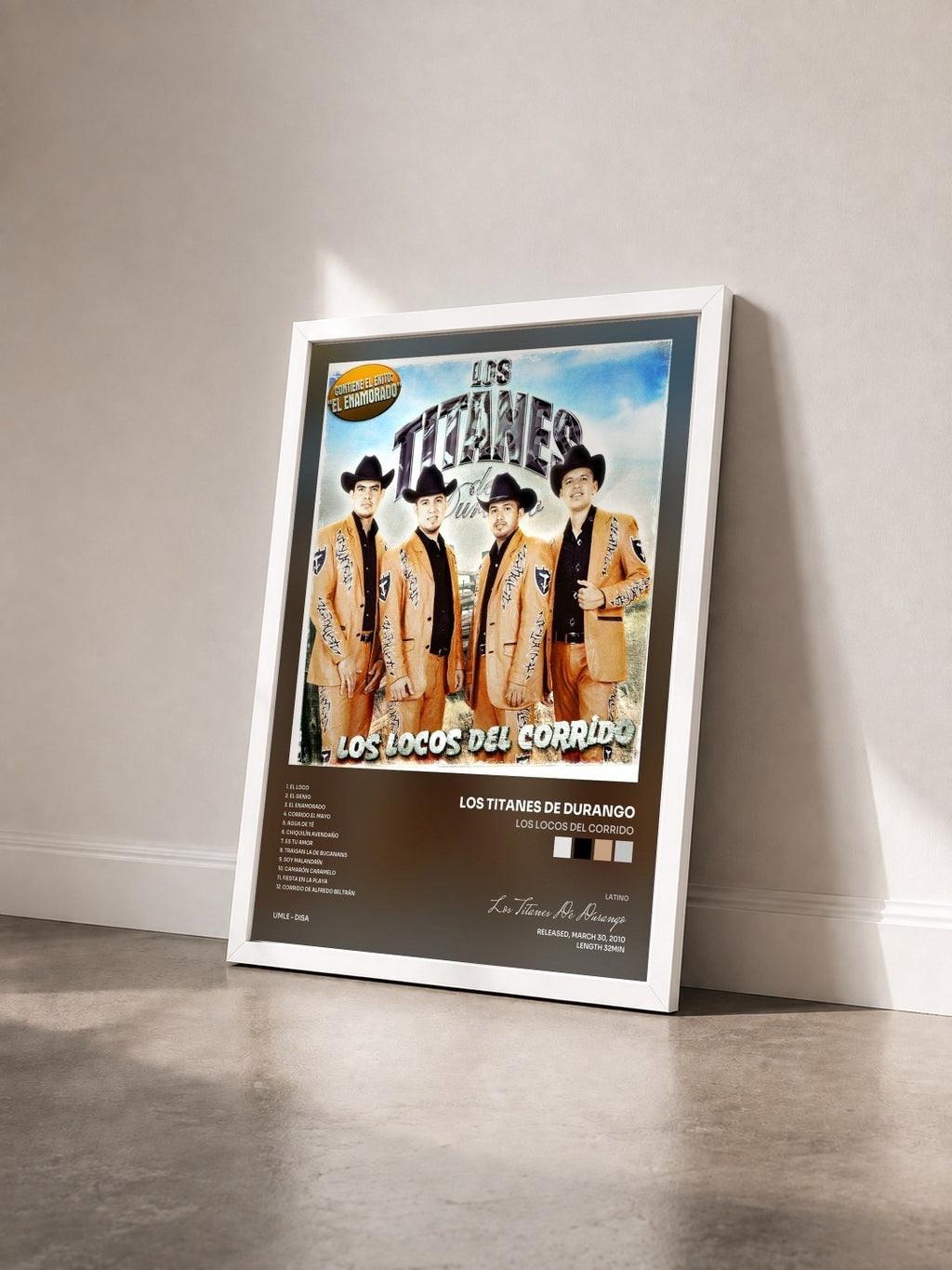 #blanc Tableau de l'album Los Locos Del Corrido de Los Titanes De Durango vu de trois quarts, cadre blanc