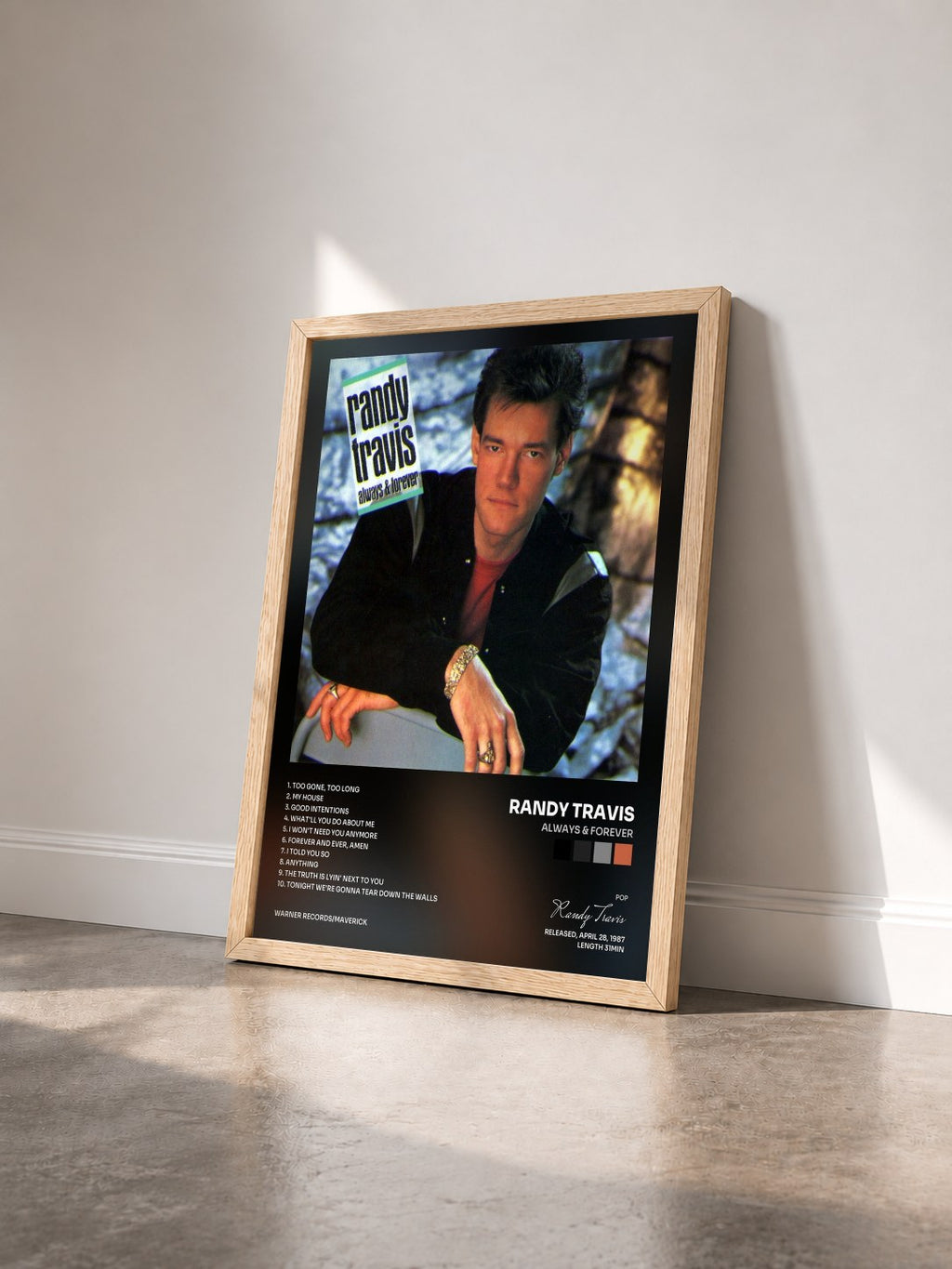 #bois Tableau de l'album Always & Forever de Randy Travis vu de trois quarts, cadre en bois brut