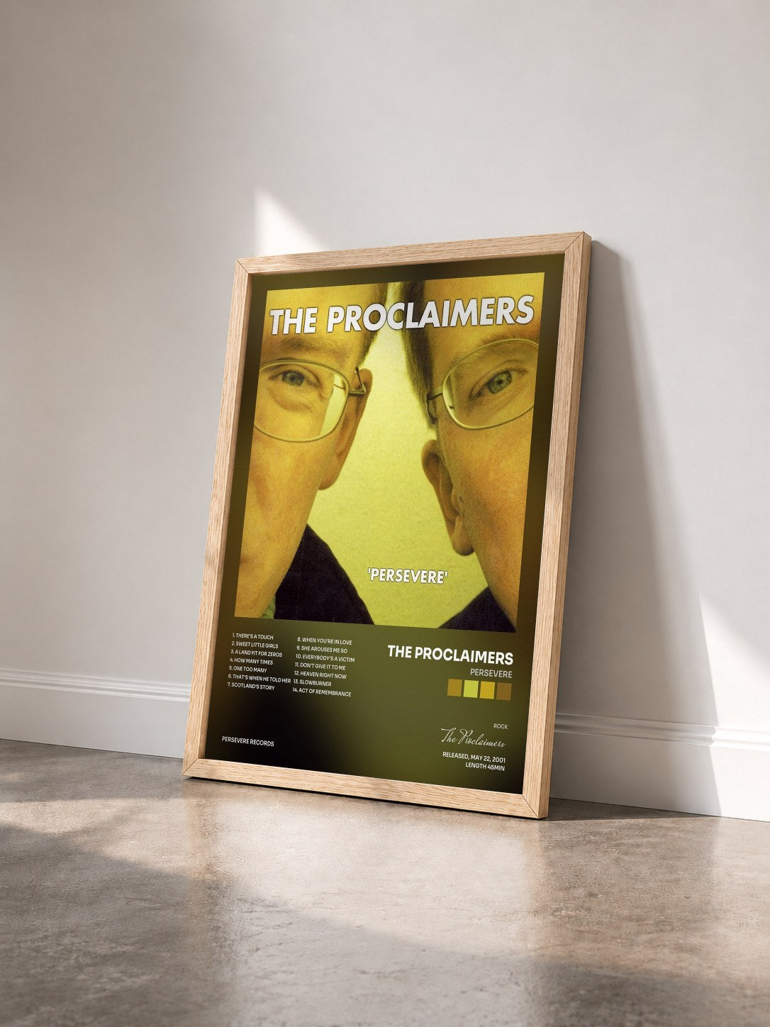 #bois Tableau de l'album Persevere de The Proclaimers vu de trois quarts, cadre en bois brut