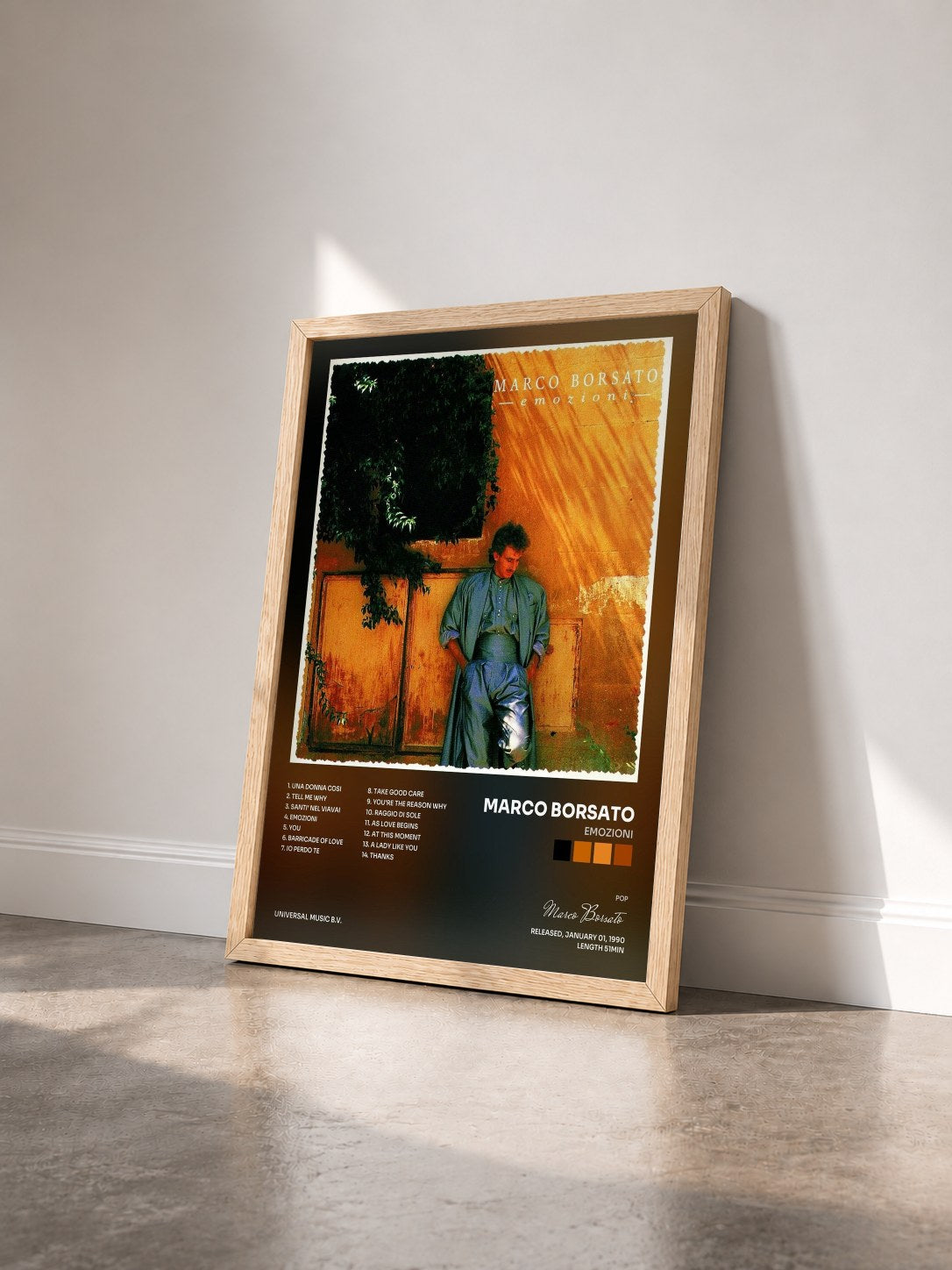 #bois Tableau de l'album Emozioni de Marco Borsato vu de trois quarts, cadre en bois brut