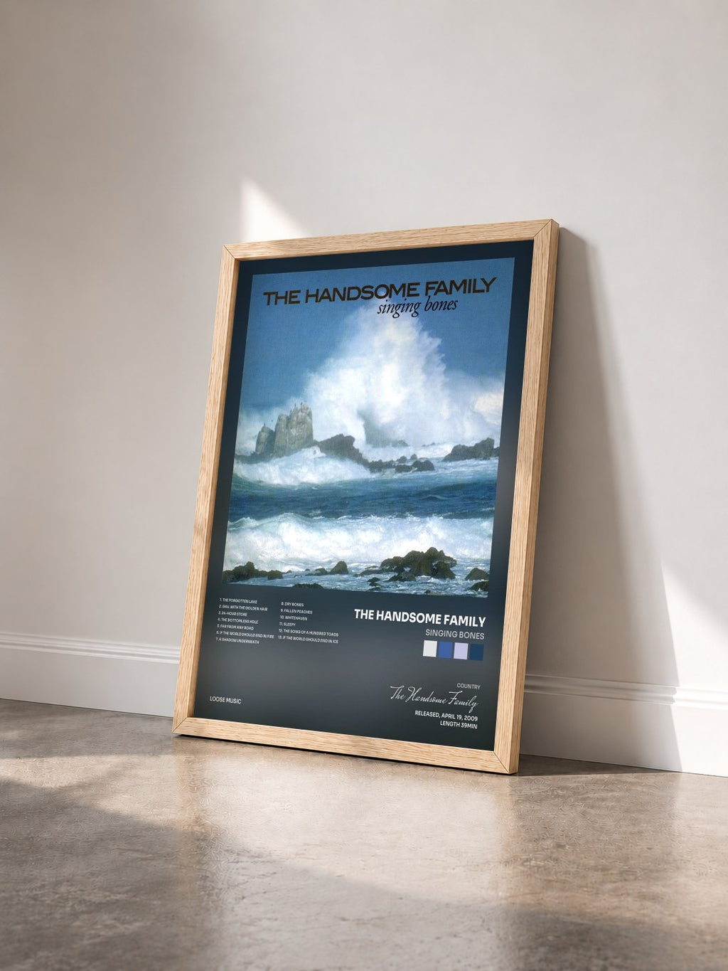 #bois Tableau de l'album Singing Bones de The Handsome Family vu de trois quarts, cadre en bois brut