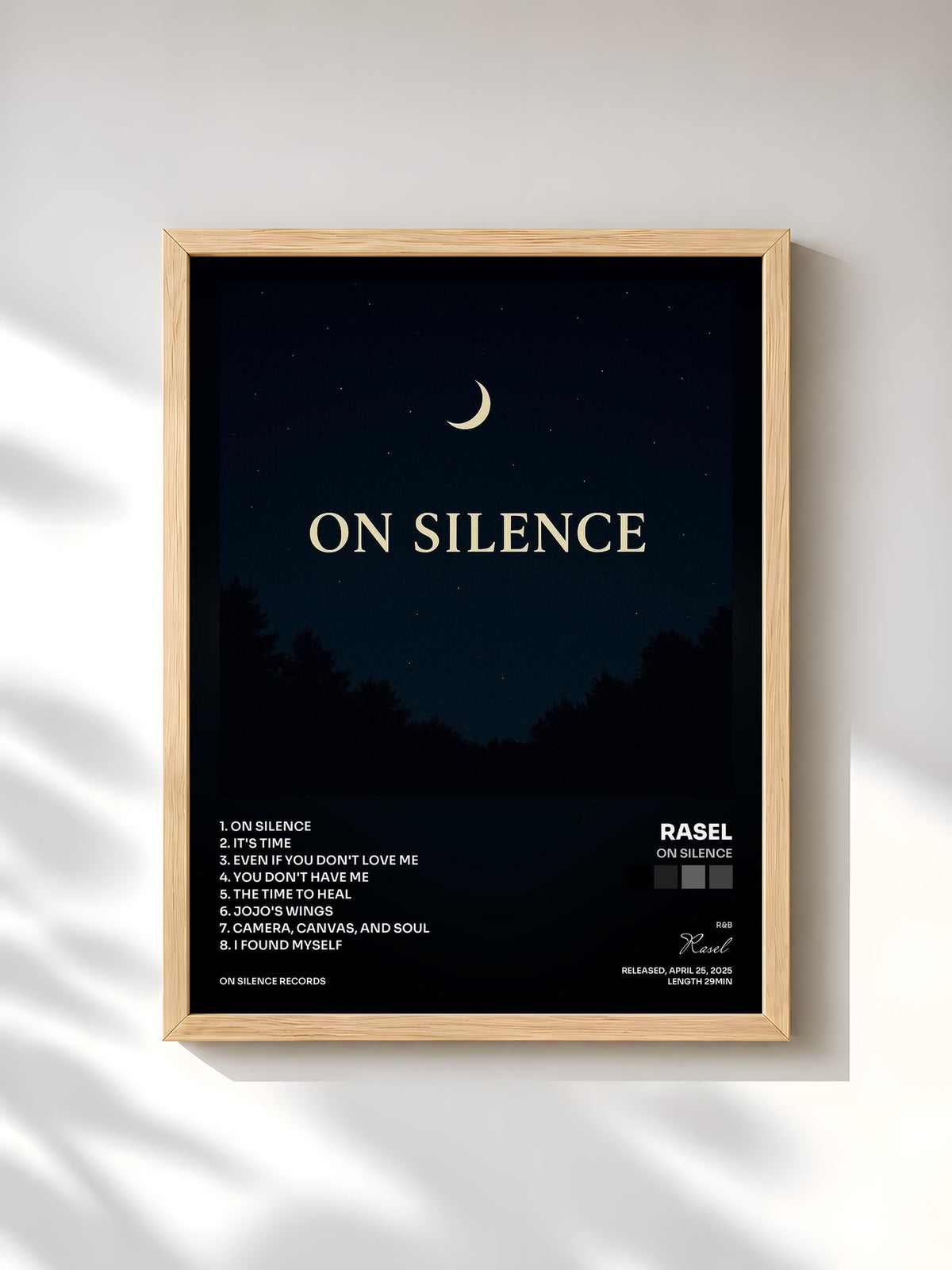 #bois Tableau de l'album On Silence de Rasel, cadre en bois brut, imprimé et encadré en France