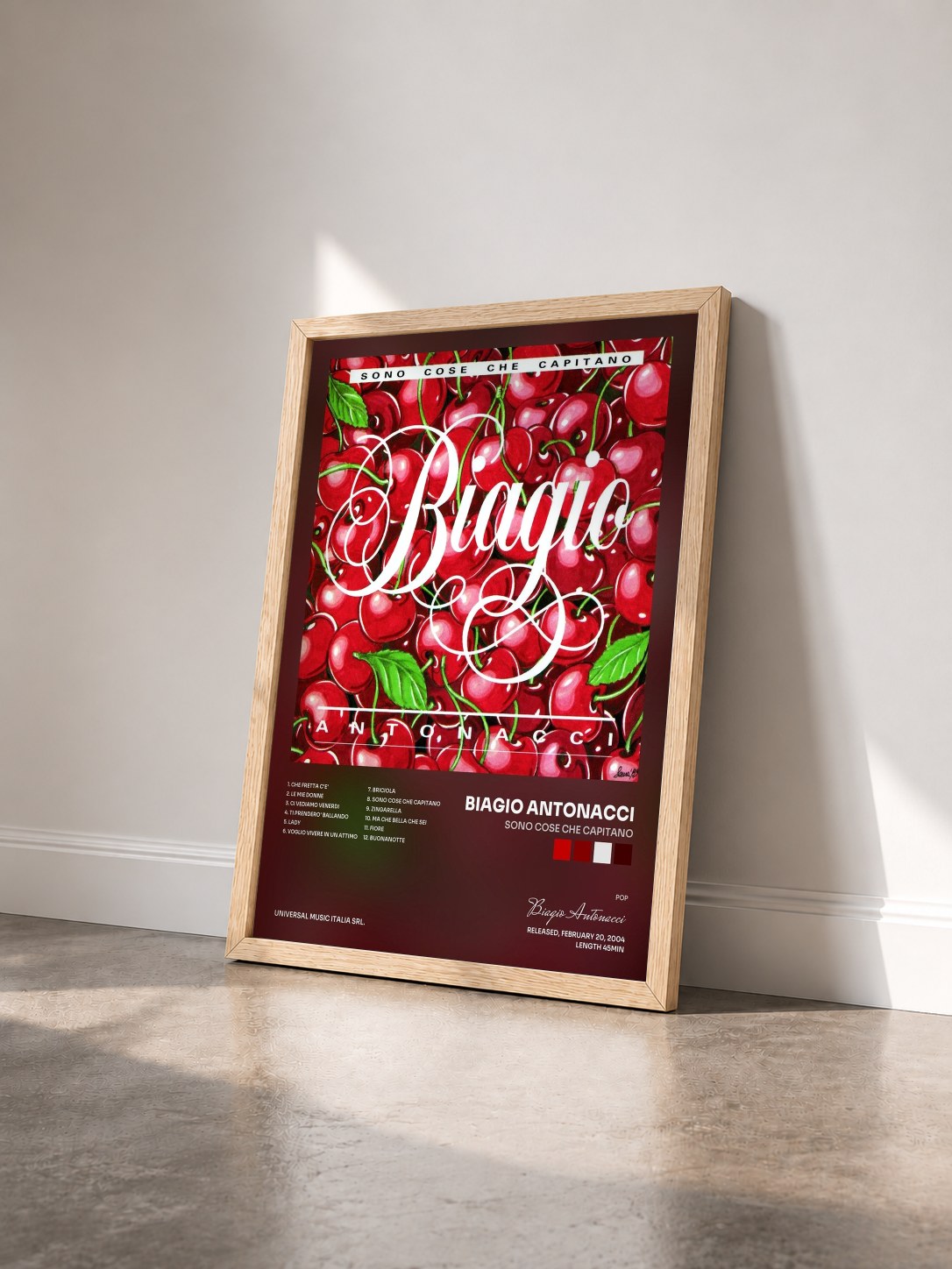 #bois Tableau de l'album Sono Cose Che Capitano de Biagio Antonacci vu de trois quarts, cadre en bois brut