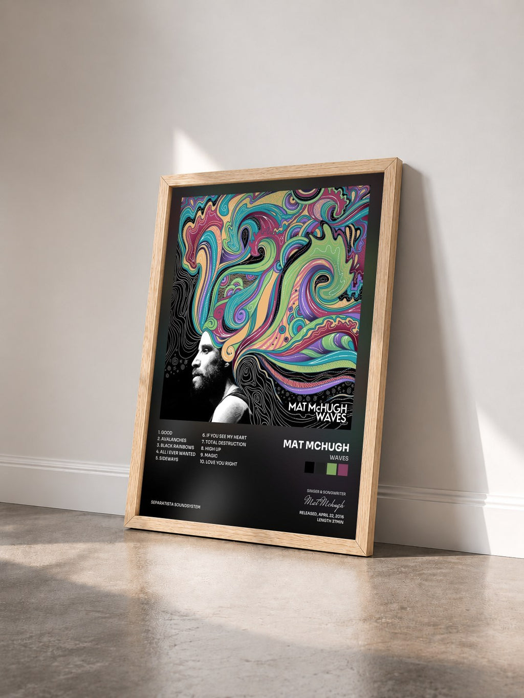 #bois Tableau de l'album WAVES de Mat Mchugh vu de trois quarts, cadre en bois brut