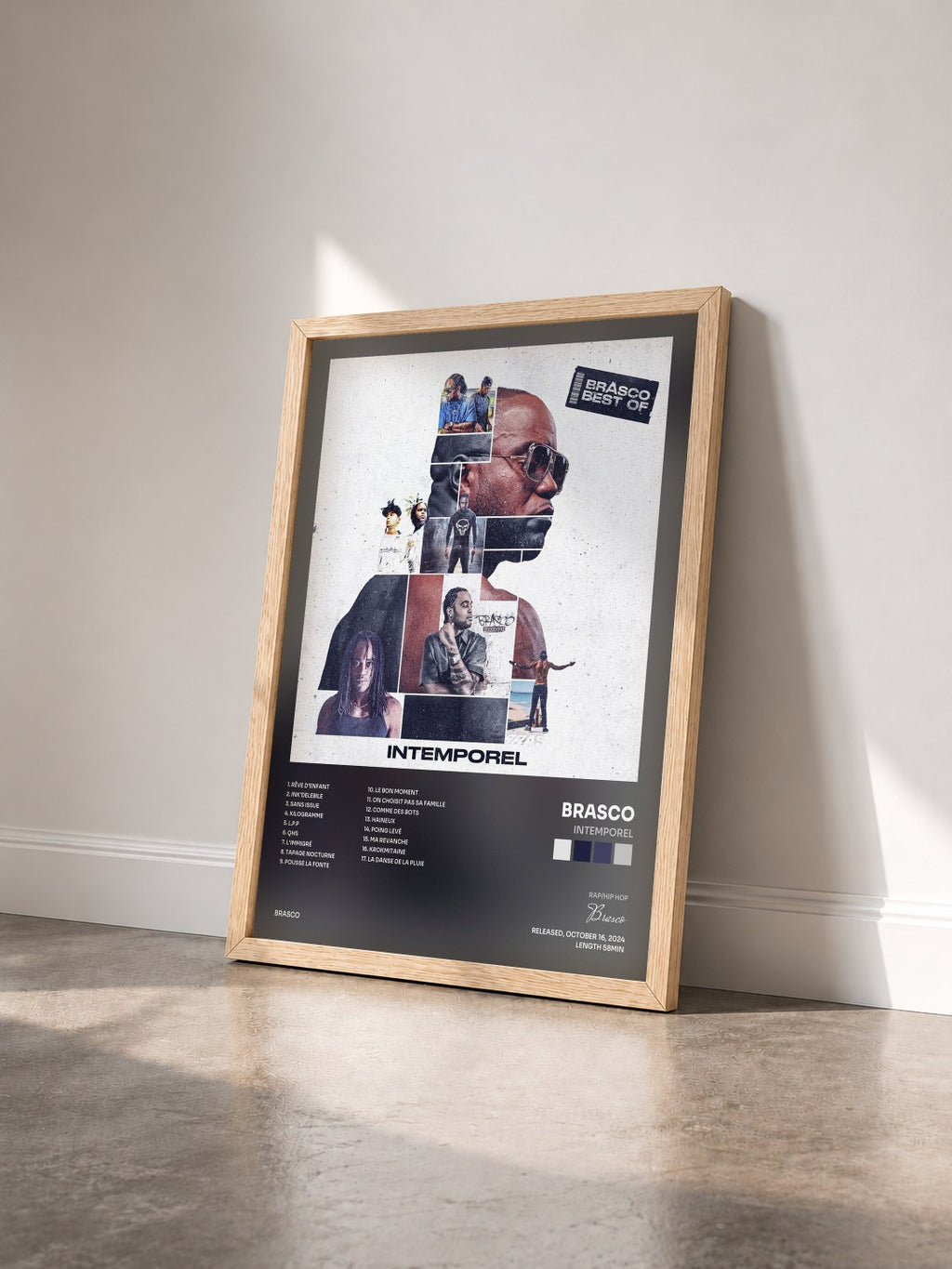#bois Tableau de l'album Intemporel de Brasco vu de trois quarts, cadre en bois brut