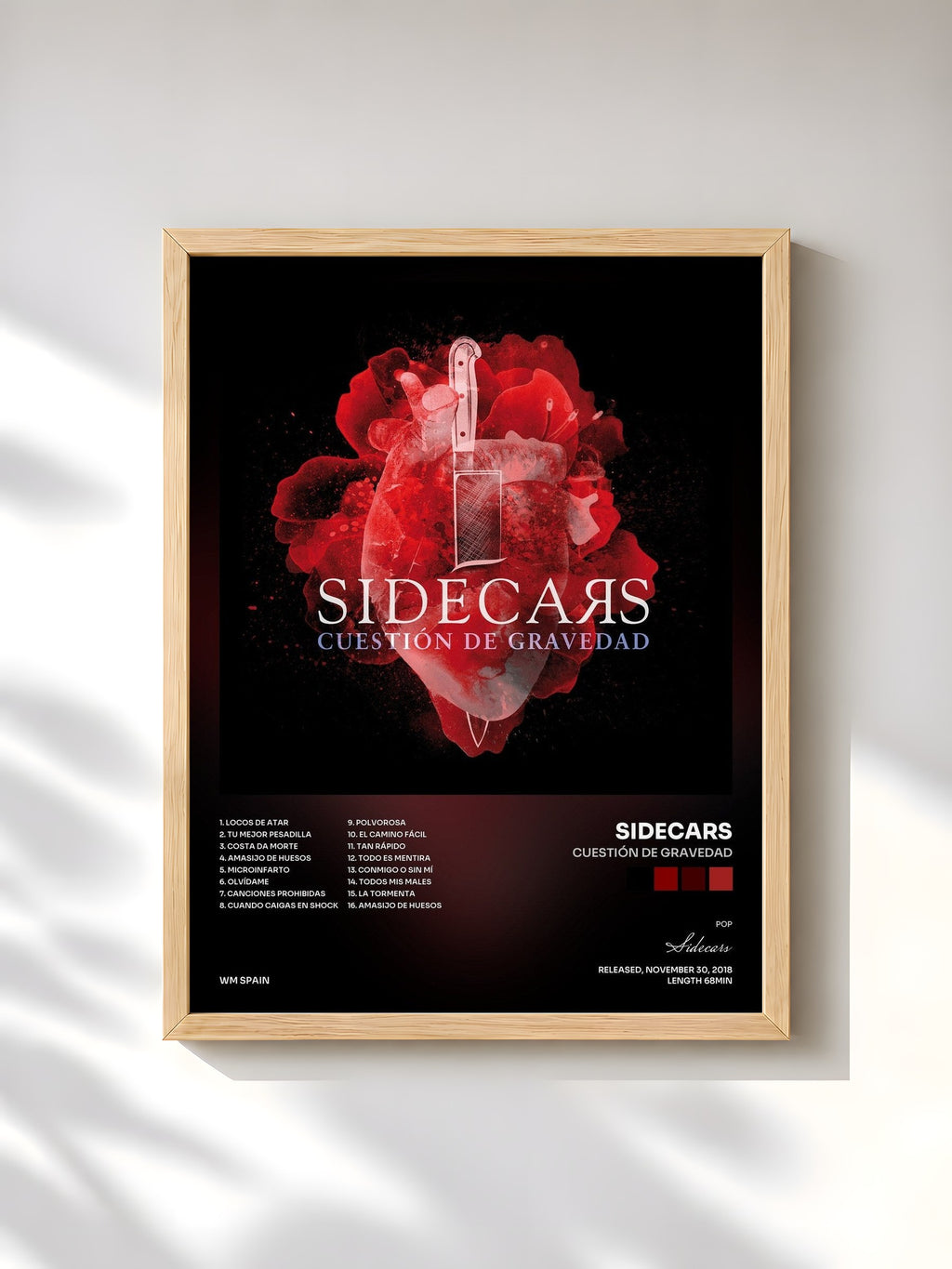 #bois Tableau de l'album Cuestión de gravedad de Sidecars, cadre en bois brut, imprimé et encadré en France