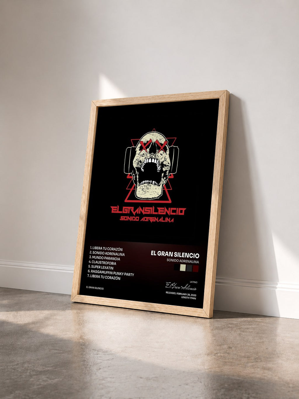 #bois Tableau de l'album Sonido Adrenalina de El Gran Silencio vu de trois quarts, cadre en bois brut