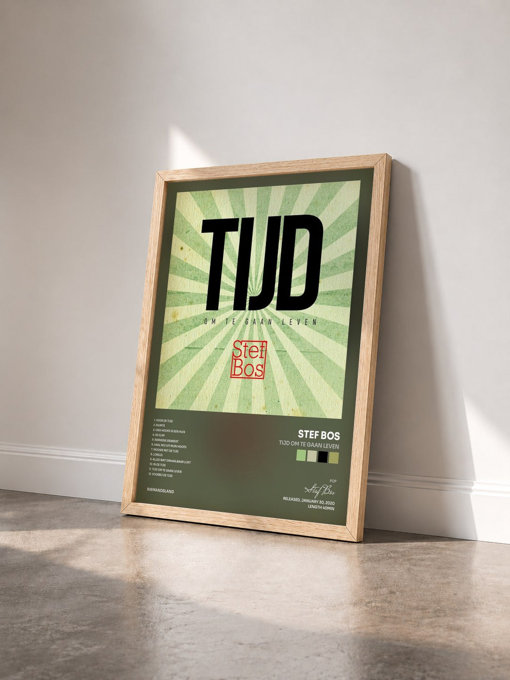 #bois Tableau de l'album TIJD Om Te Gaan Leven de Stef Bos vu de trois quarts, cadre en bois brut