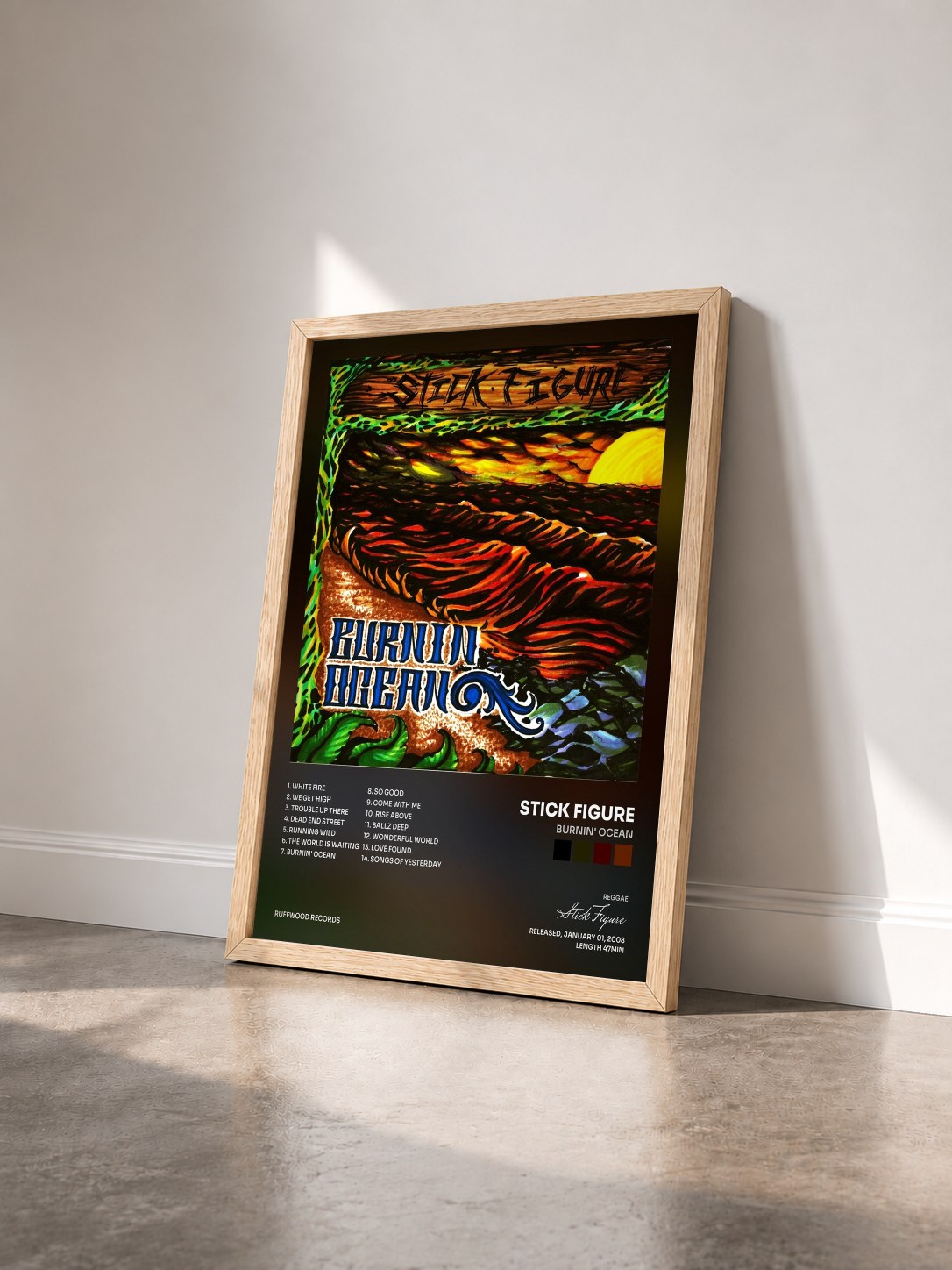 #bois Tableau de l'album Burnin' Ocean de Stick Figure vu de trois quarts, cadre en bois brut