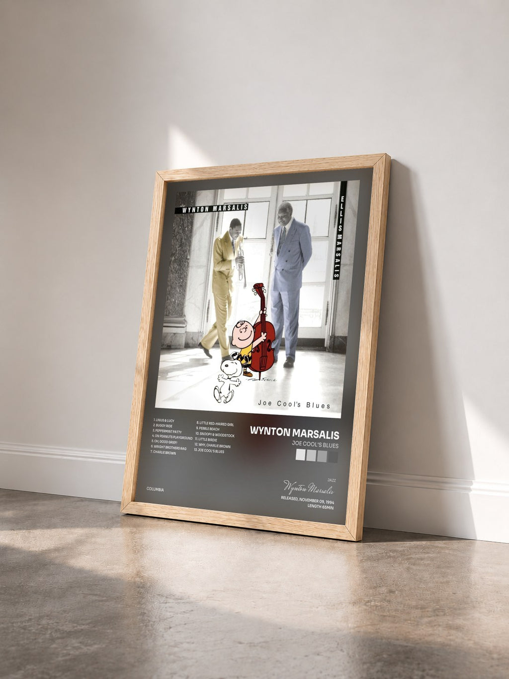 #bois Tableau de l'album Joe Cool's Blues de Wynton Marsalis vu de trois quarts, cadre en bois brut