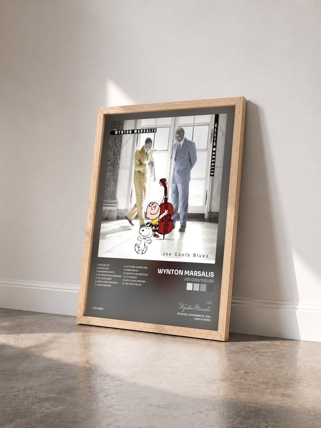 #bois Tableau de l'album Joe Cool's Blues de Wynton Marsalis vu de trois quarts, cadre en bois brut