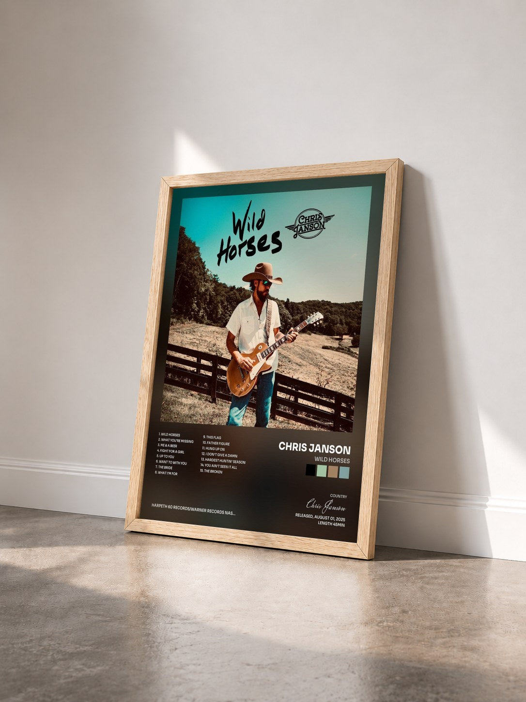 #bois Tableau de l'album Wild Horses de Chris Janson vu de trois quarts, cadre en bois brut