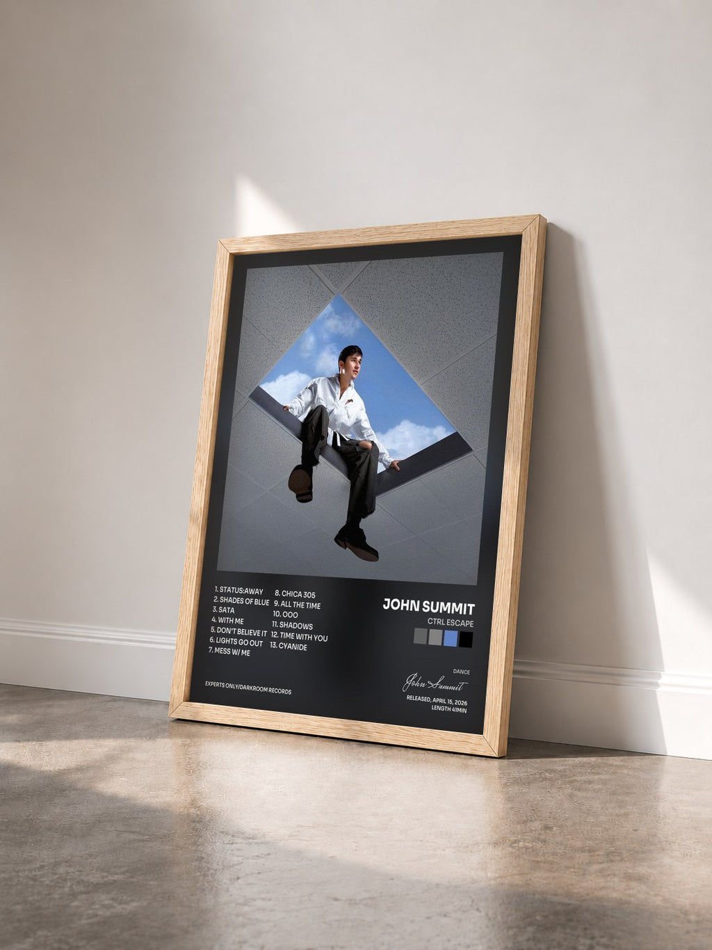 #bois Tableau de l'album CTRL ESCAPE de John Summit vu de trois quarts, cadre en bois brut