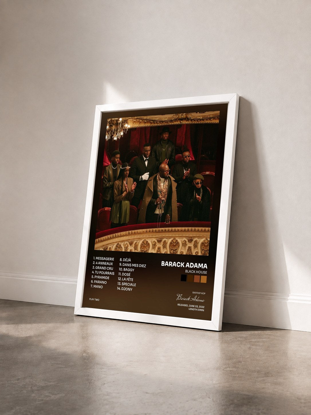 #blanc Tableau de l'album Black House de Barack Adama vu de trois quarts, cadre blanc