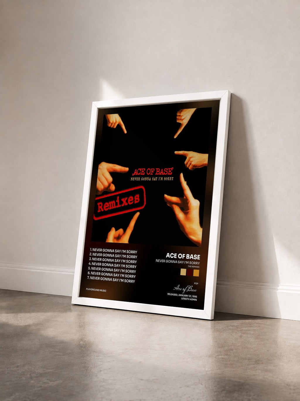 #blanc Tableau de l'album Never Gonna Say I'm Sorry (The Remixes) de Ace of Base vu de trois quarts, cadre blanc