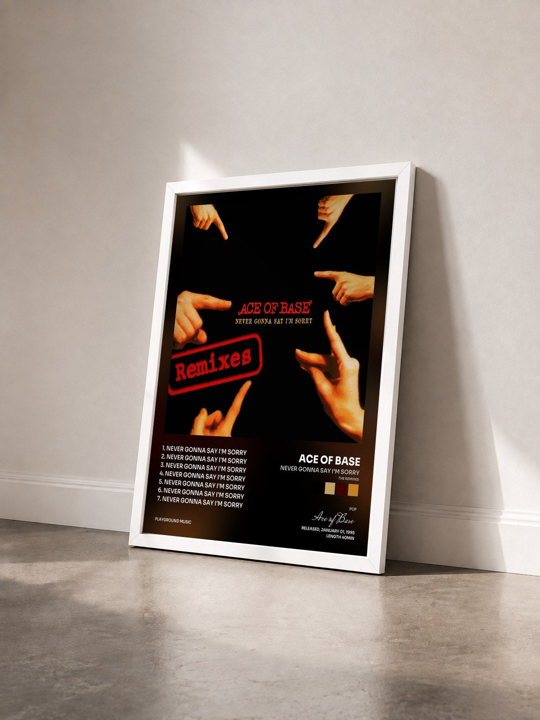 #blanc Tableau de l'album Never Gonna Say I'm Sorry (The Remixes) de Ace of Base vu de trois quarts, cadre blanc