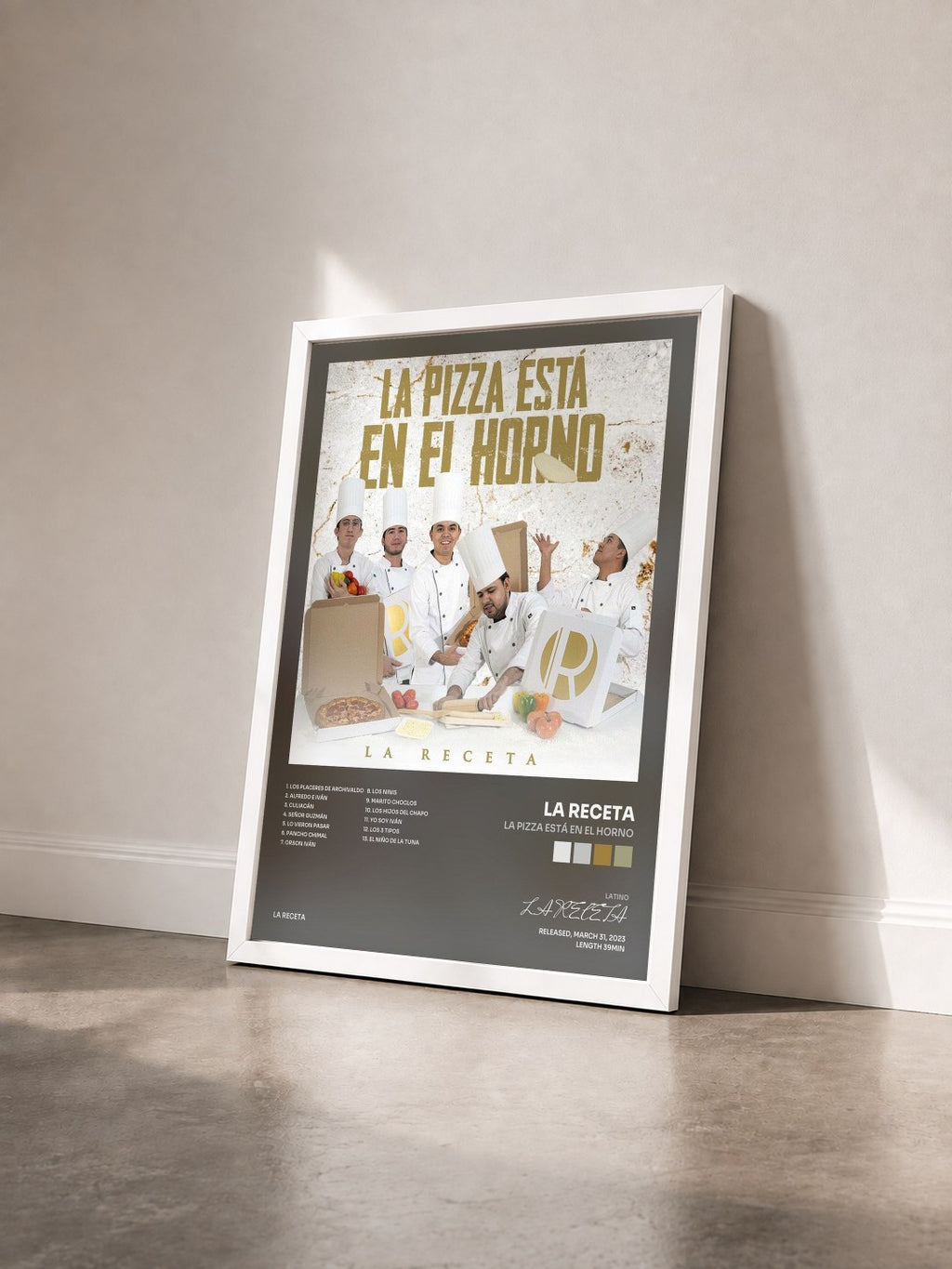 #blanc Tableau de l'album La Pizza Está En El Horno de LA RECETA vu de trois quarts, cadre blanc