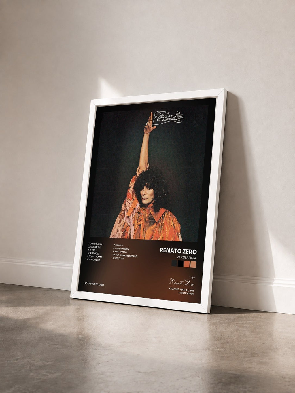 #blanc Tableau de l'album Zerolandia de Renato Zero vu de trois quarts, cadre blanc