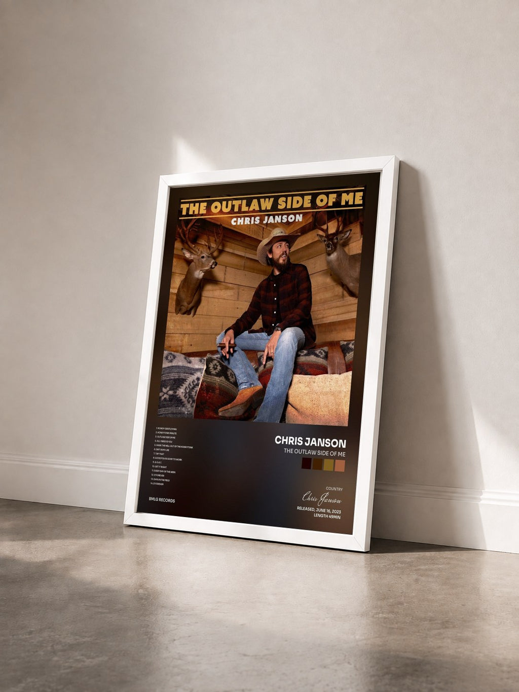 #blanc Tableau de l'album The Outlaw Side Of Me de Chris Janson vu de trois quarts, cadre blanc