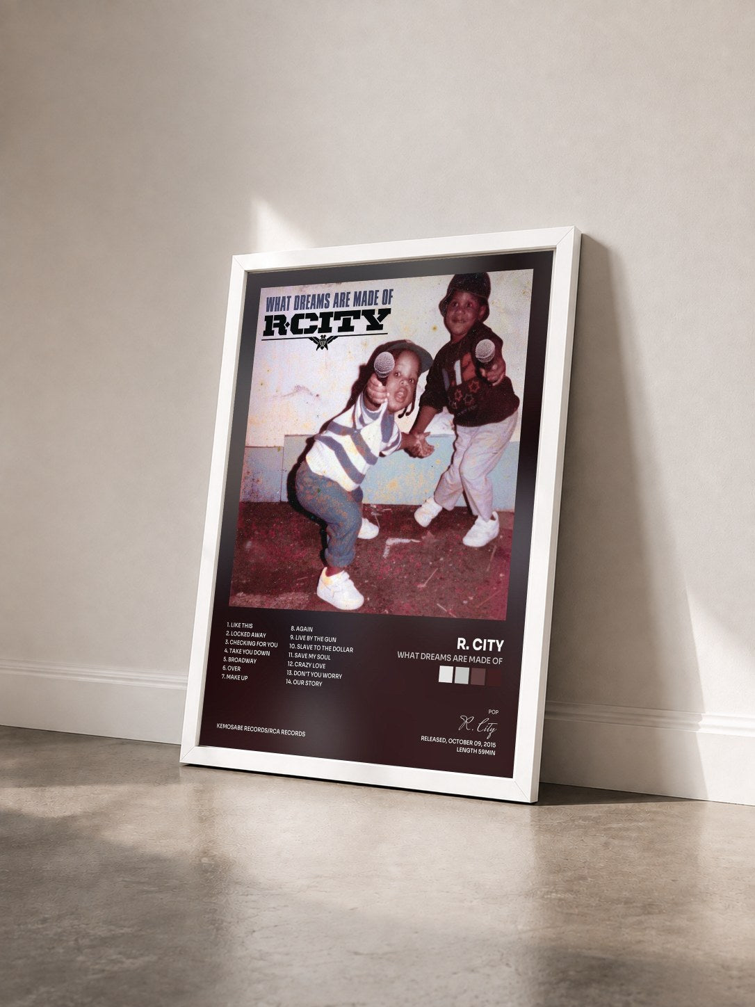 #blanc Tableau de l'album What Dreams Are Made Of de R. City vu de trois quarts, cadre blanc