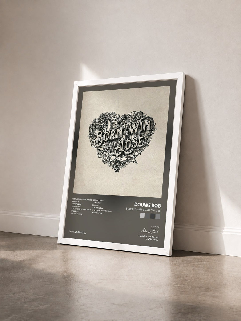 #blanc Tableau de l'album Born To Win, Born To Lose de Douwe Bob vu de trois quarts, cadre blanc