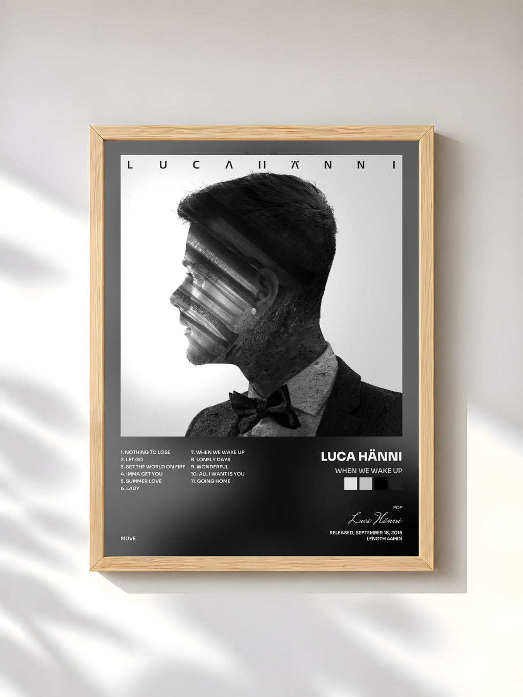 #bois Tableau de l'album When We Wake Up de Luca Hänni, cadre en bois brut, imprimé et encadré en France
