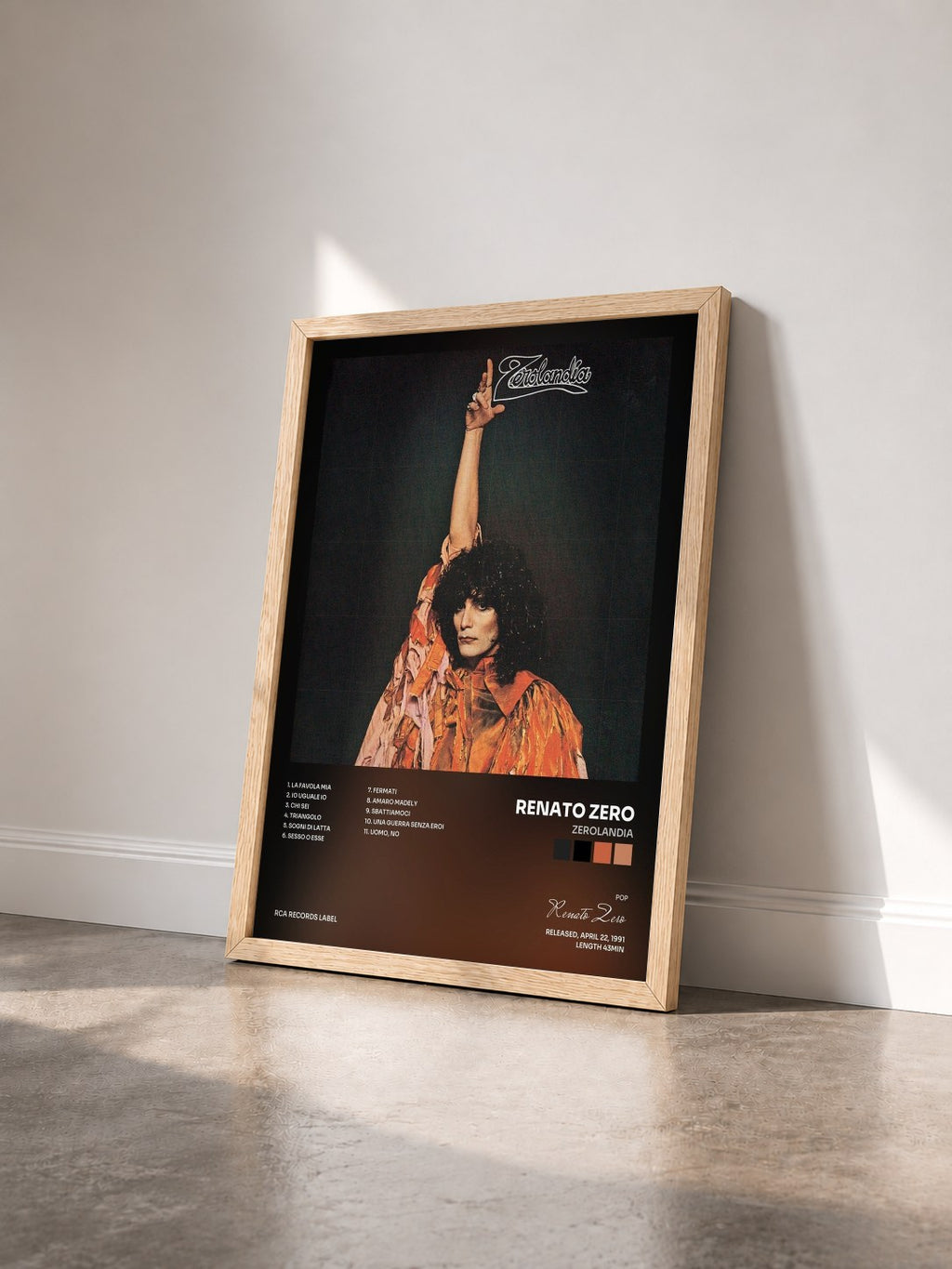 #bois Tableau de l'album Zerolandia de Renato Zero vu de trois quarts, cadre en bois brut