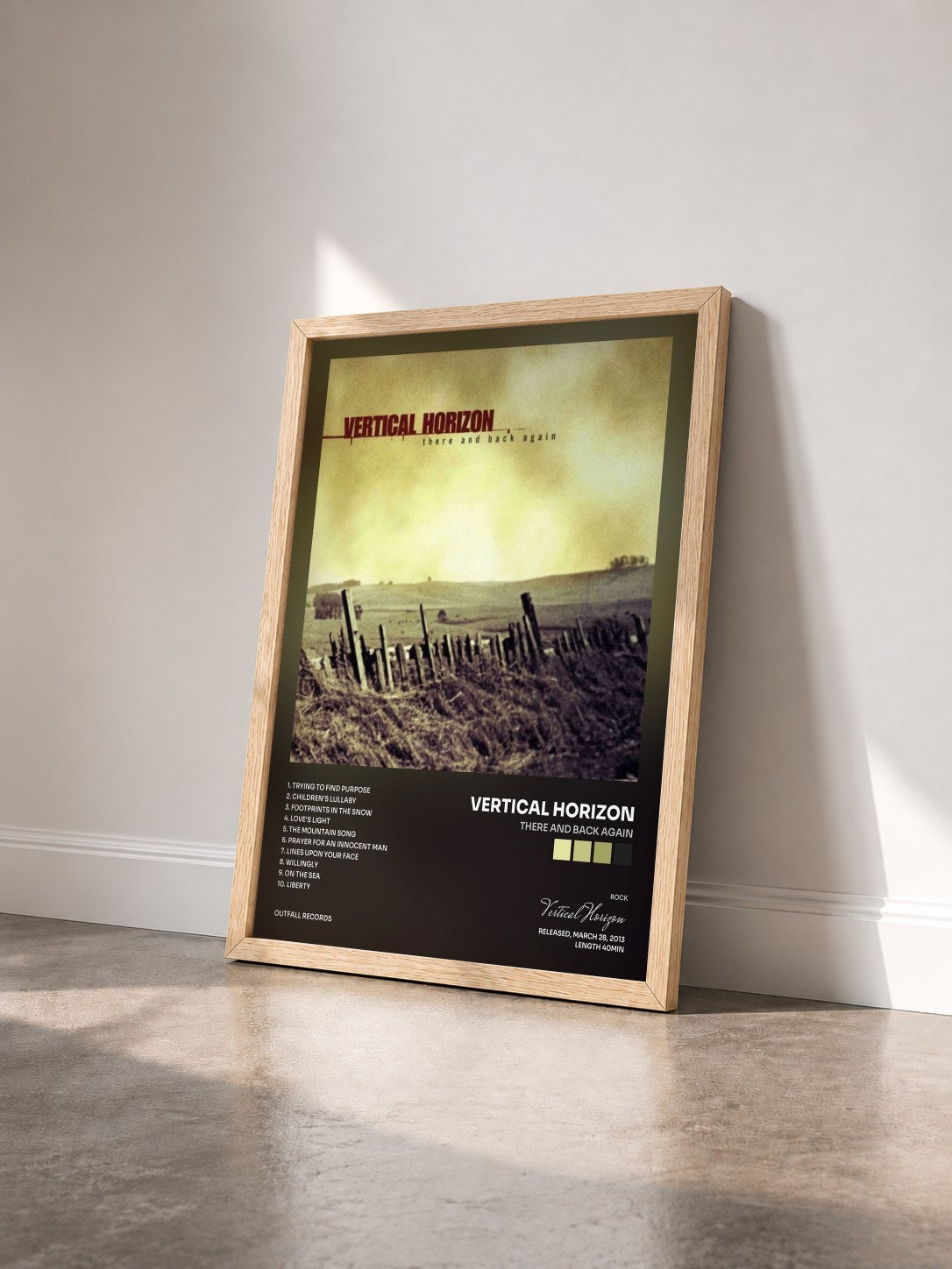 #bois Tableau de l'album There and Back Again de Vertical Horizon vu de trois quarts, cadre en bois brut