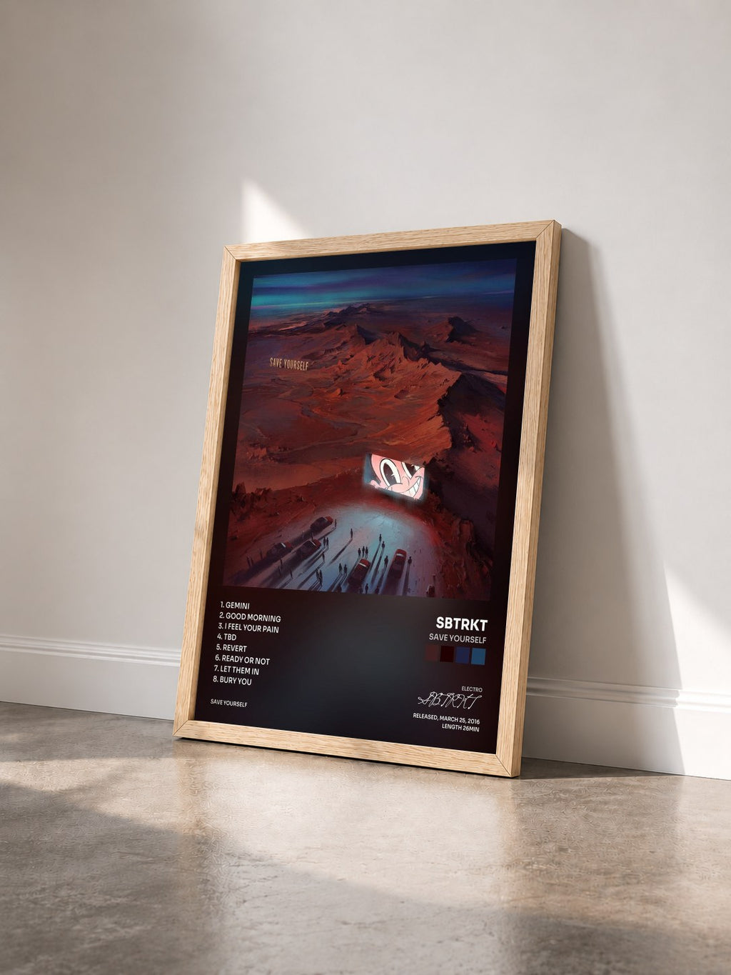 #bois Tableau de l'album SAVE YOURSELF de SBTRKT vu de trois quarts, cadre en bois brut