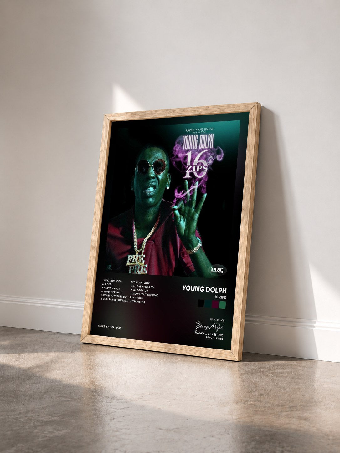 #bois Tableau de l'album 16 Zips de Young Dolph vu de trois quarts, cadre en bois brut