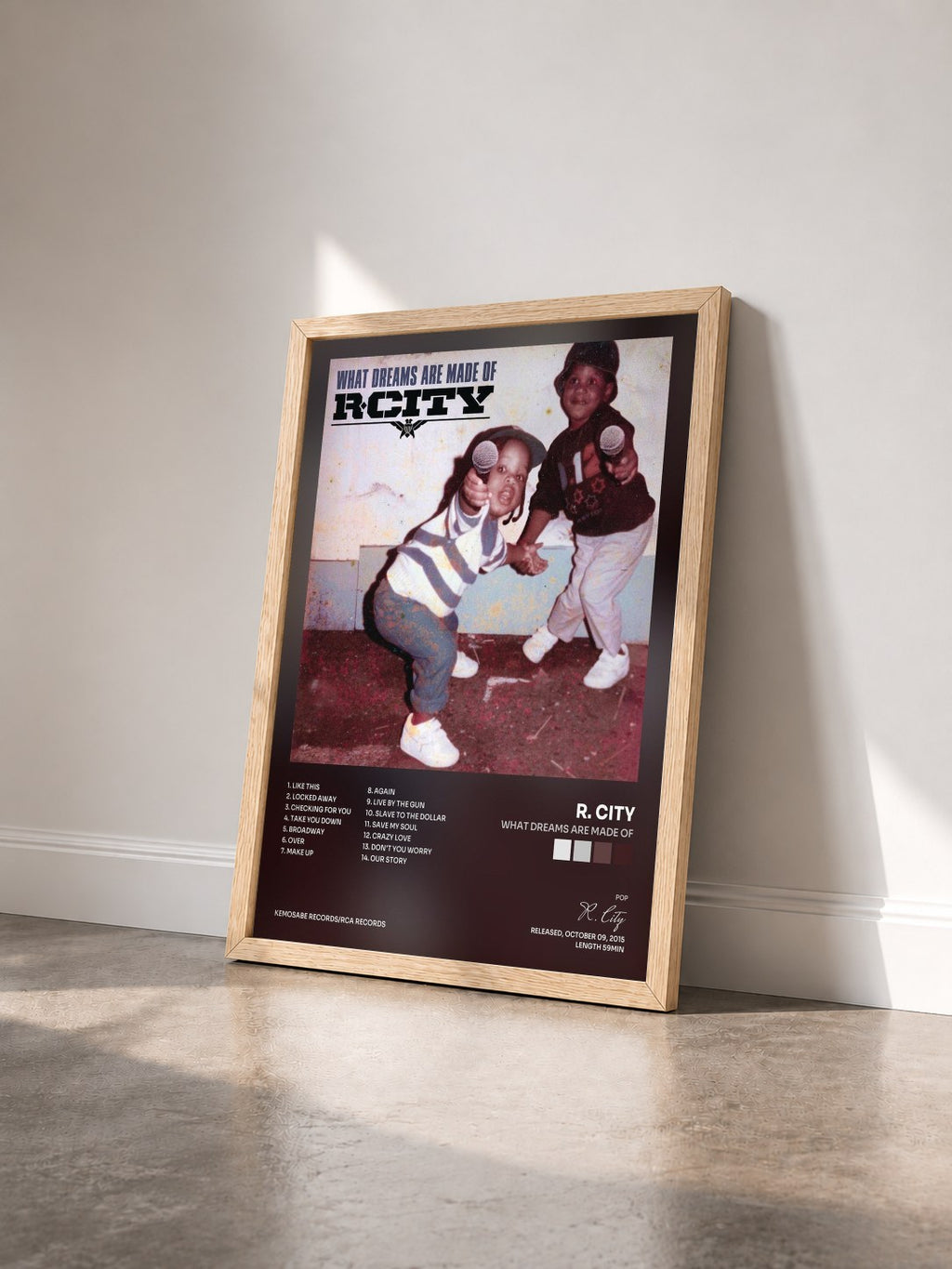 #bois Tableau de l'album What Dreams Are Made Of de R. City vu de trois quarts, cadre en bois brut