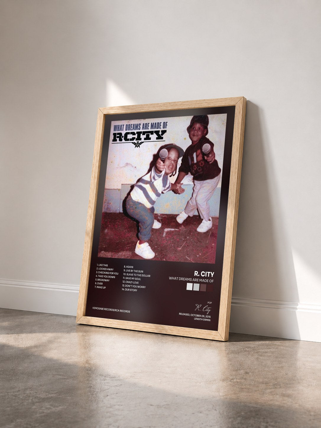 #bois Tableau de l'album What Dreams Are Made Of de R. City vu de trois quarts, cadre en bois brut