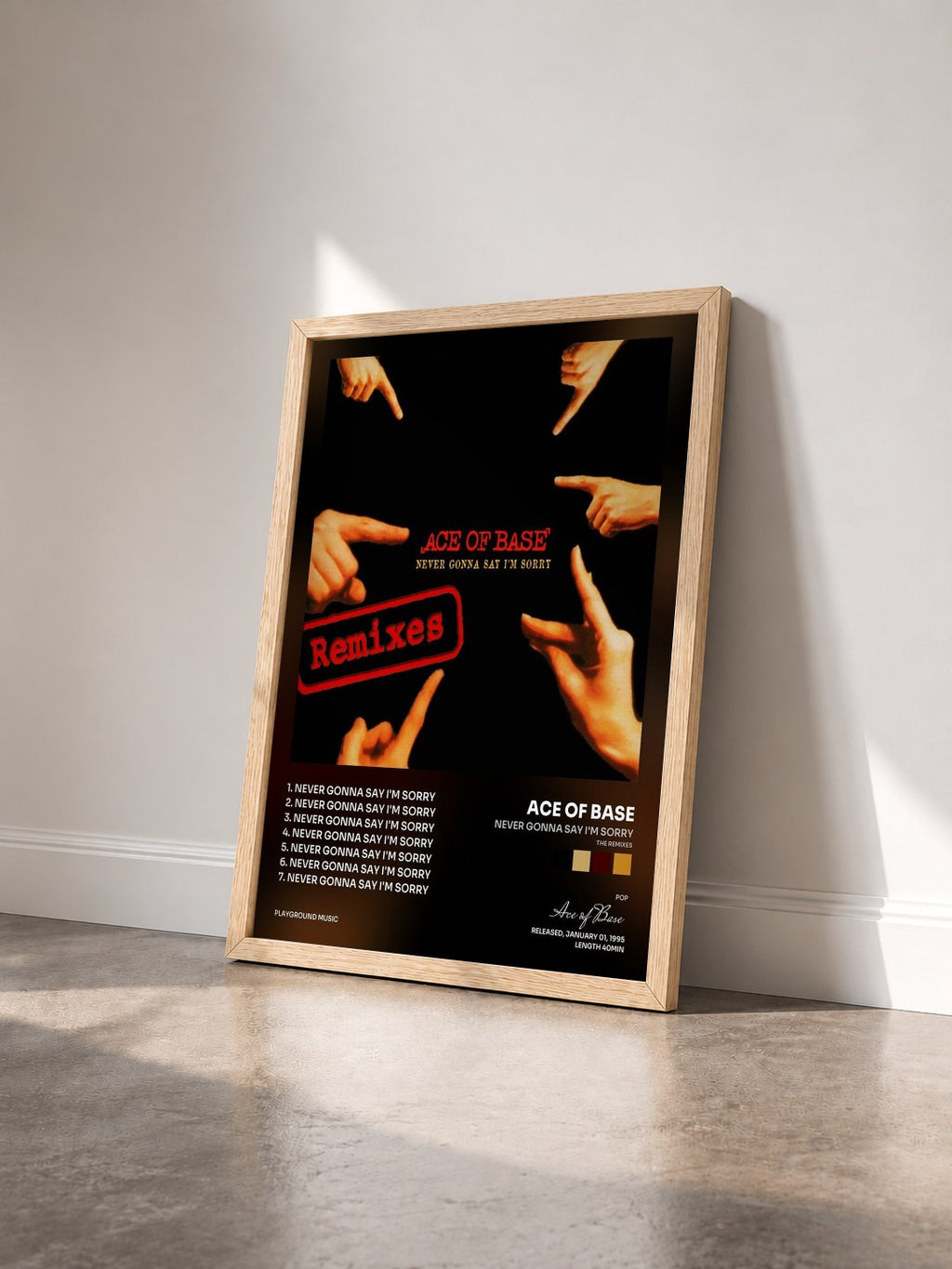 #bois Tableau de l'album Never Gonna Say I'm Sorry (The Remixes) de Ace of Base vu de trois quarts, cadre en bois brut