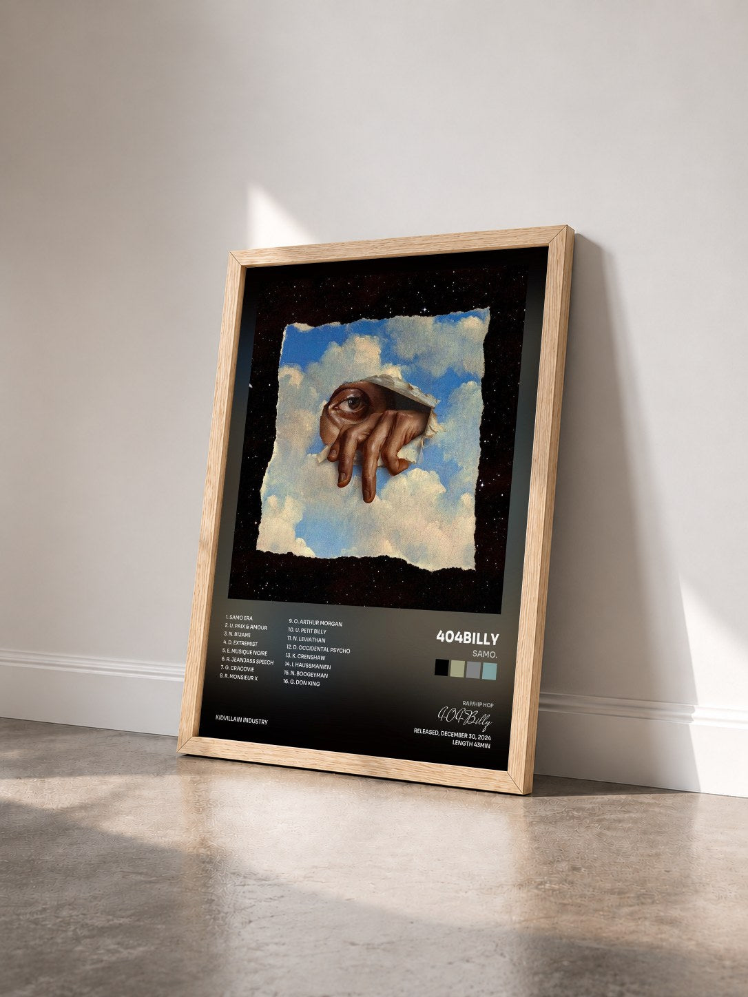 #bois Tableau de l'album SAMO. de 404Billy vu de trois quarts, cadre en bois brut
