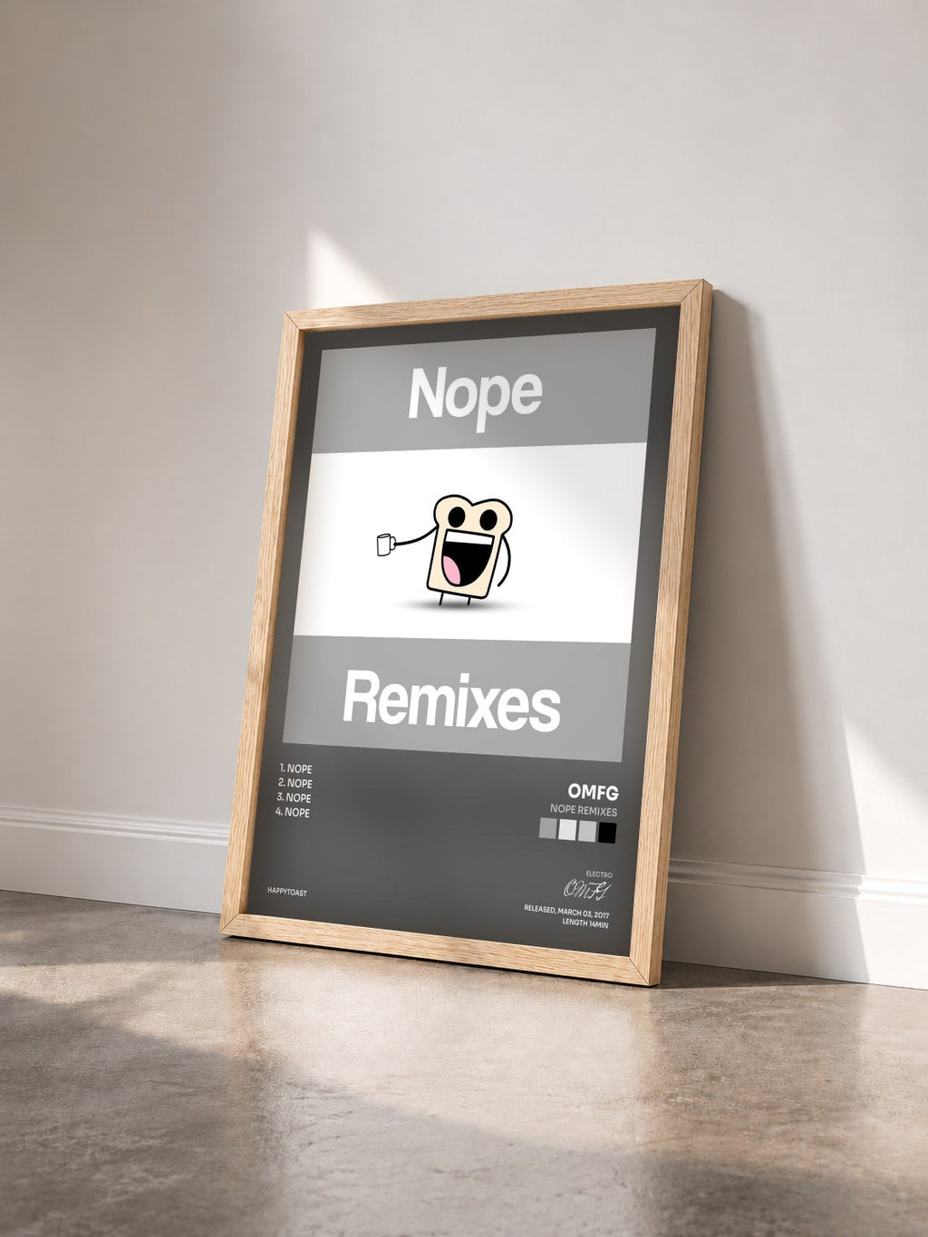#bois Tableau de l'album Nope Remixes de OMFG vu de trois quarts, cadre en bois brut