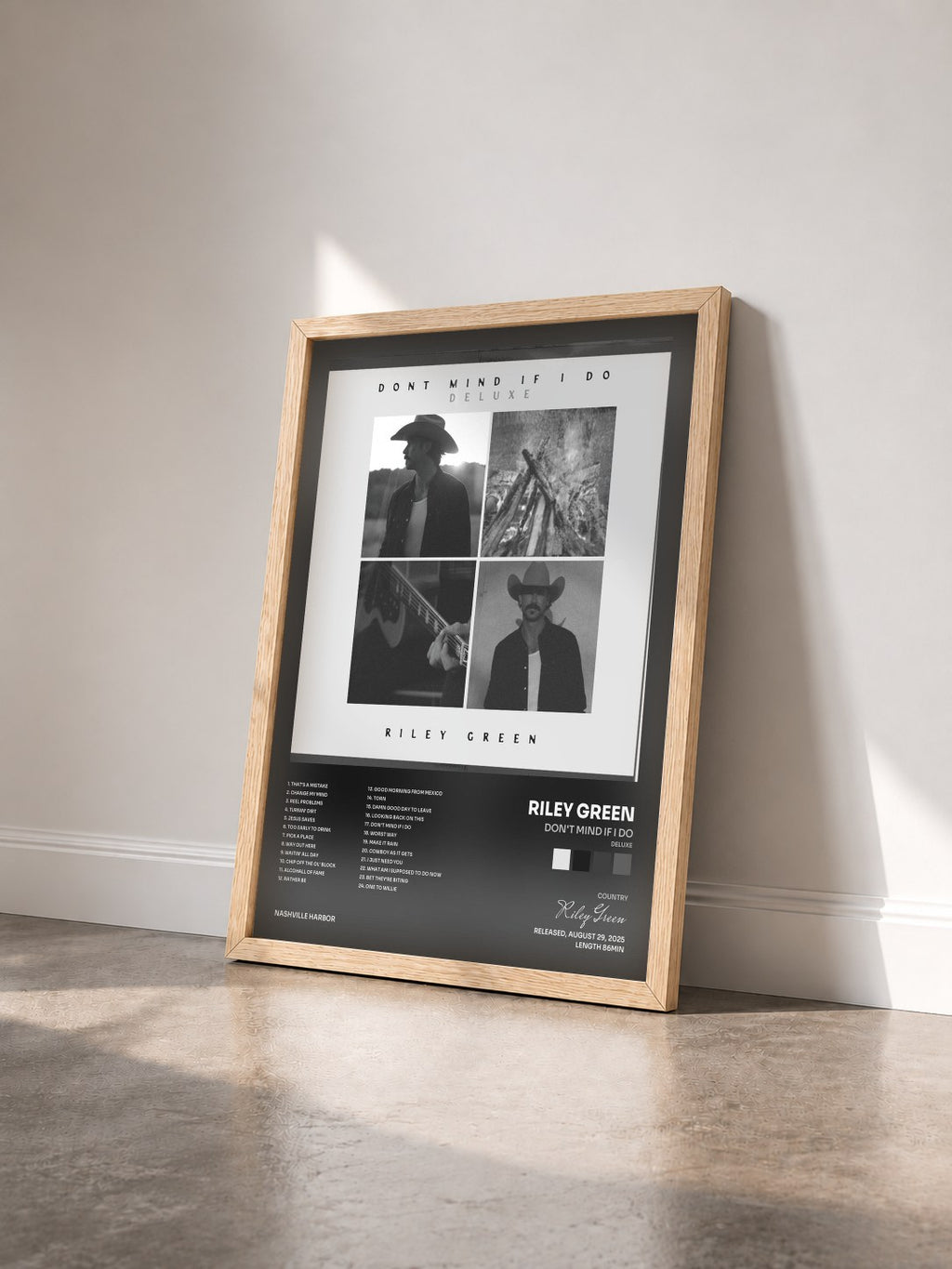 #bois Tableau de l'album Don't Mind If I Do (Deluxe) de Riley Green vu de trois quarts, cadre en bois brut