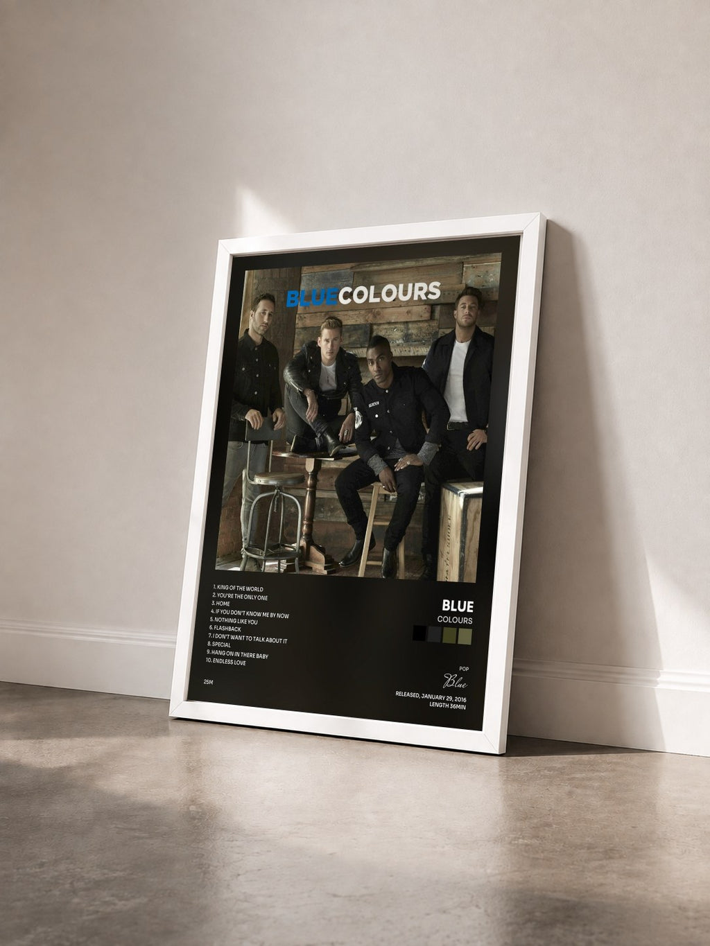 #blanc Tableau de l'album Colours de Blue vu de trois quarts, cadre blanc
