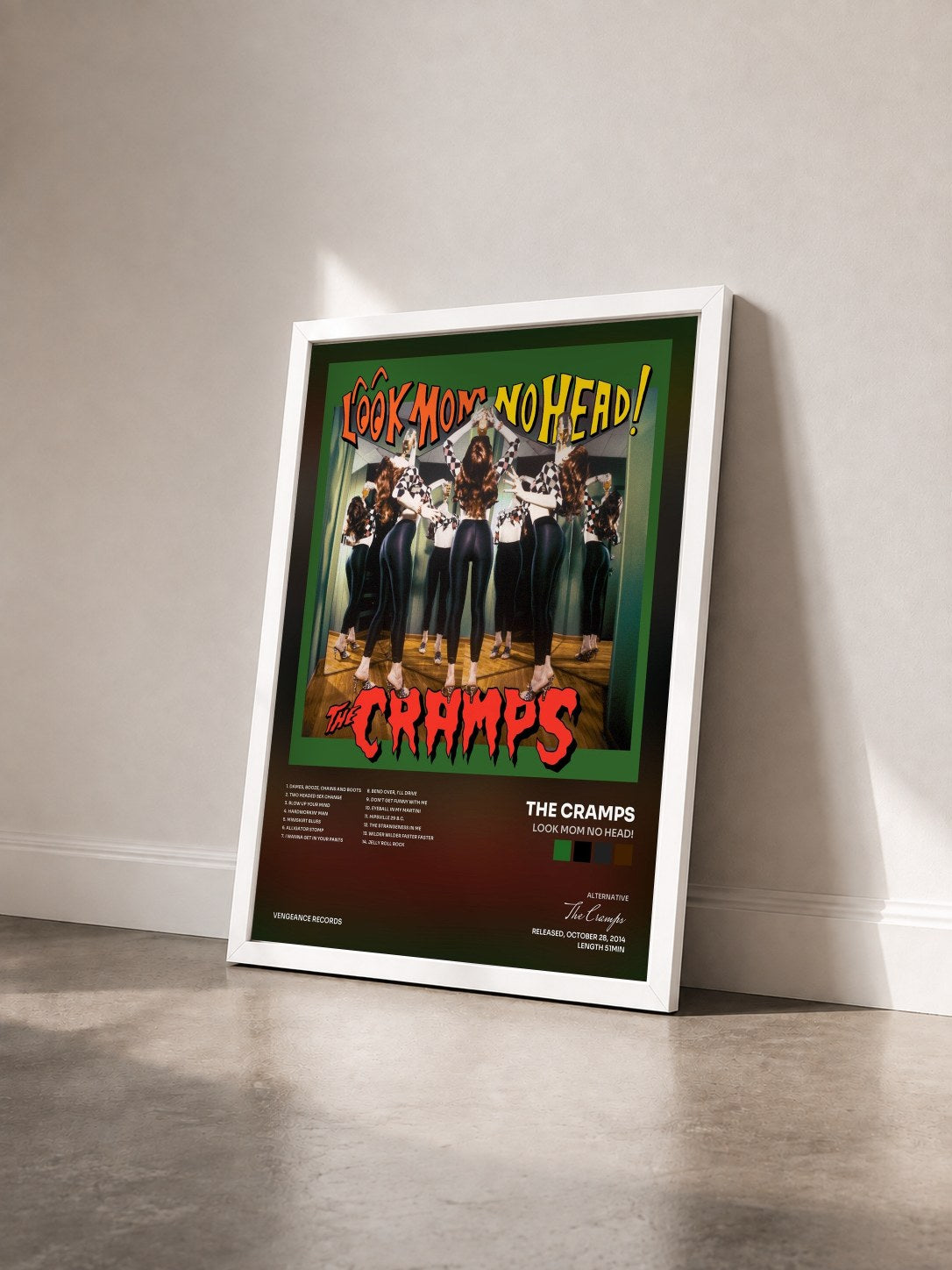 #blanc Tableau de l'album Look Mom No Head! de The Cramps vu de trois quarts, cadre blanc