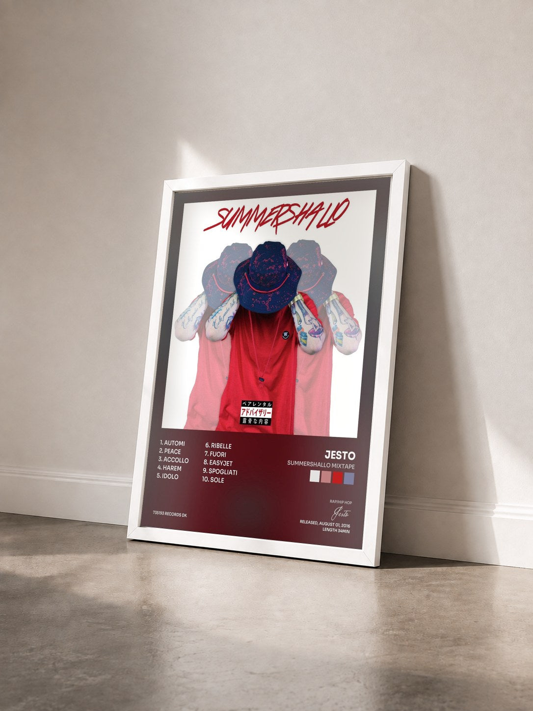 #blanc Tableau de l'album Summershallo Mixtape de Jesto vu de trois quarts, cadre blanc