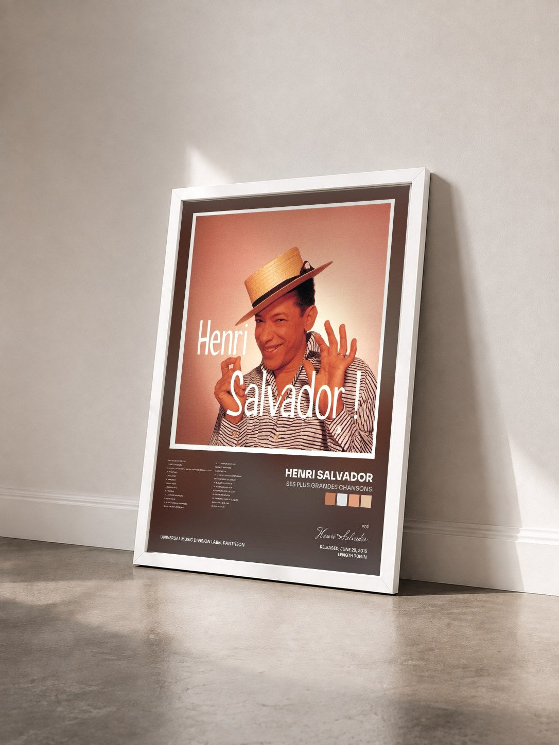 #blanc Tableau de l'album Ses plus grandes chansons de Henri Salvador vu de trois quarts, cadre blanc