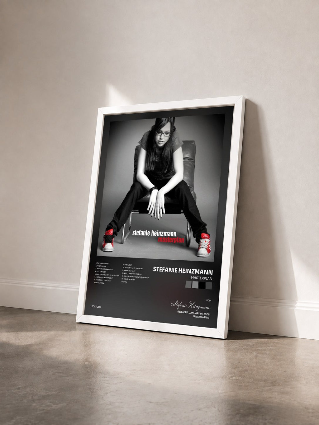 #blanc Tableau de l'album Masterplan de Stefanie Heinzmann vu de trois quarts, cadre blanc