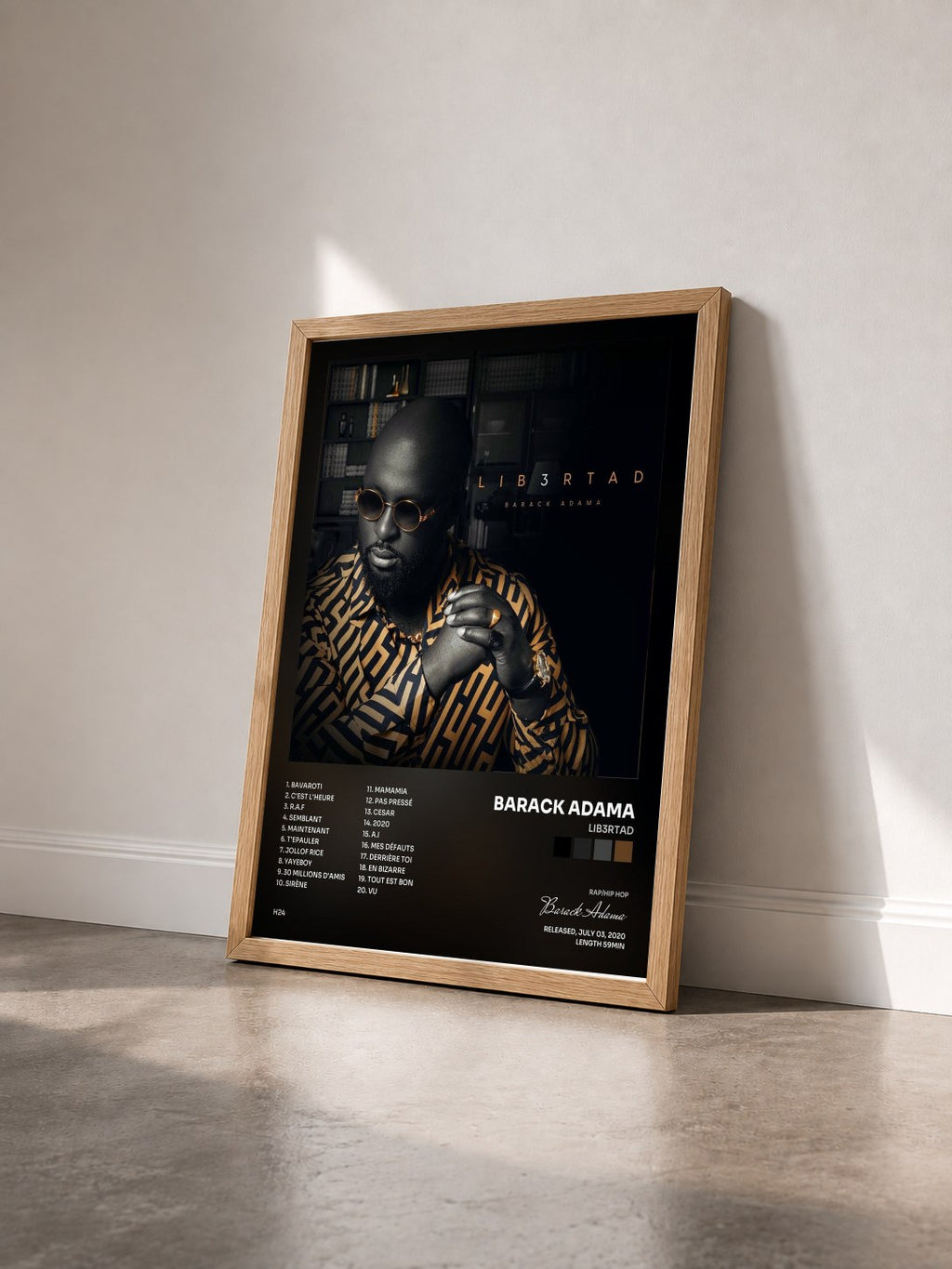 #bois Tableau de l'album LIB3RTAD de Barack Adama vu de trois quarts, cadre en bois brut