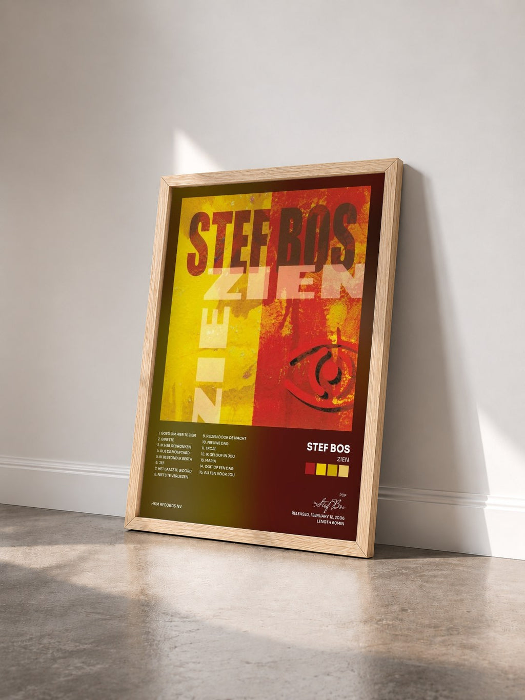 #bois Tableau de l'album Zien de Stef Bos vu de trois quarts, cadre en bois brut