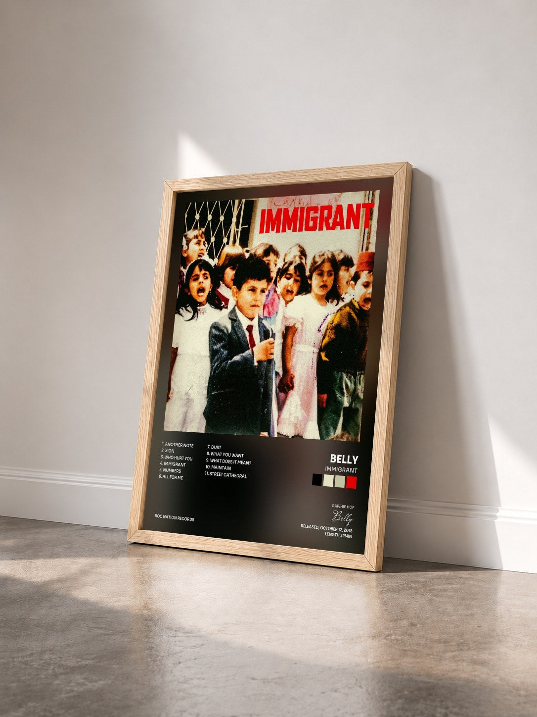 #bois Tableau de l'album IMMIGRANT de Belly vu de trois quarts, cadre en bois brut
