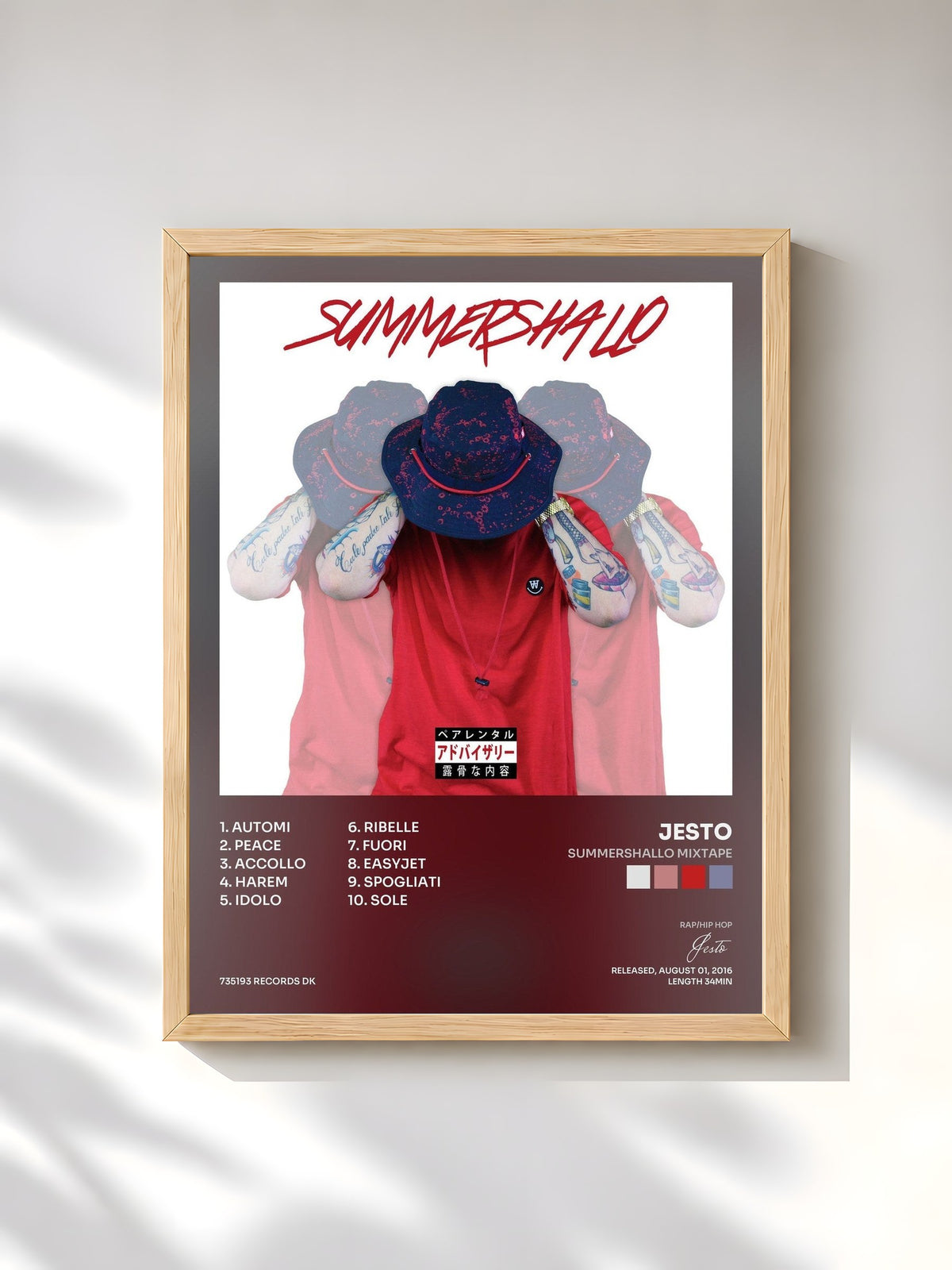 #bois Tableau de l'album Summershallo Mixtape de Jesto, cadre en bois brut, imprimé et encadré en France