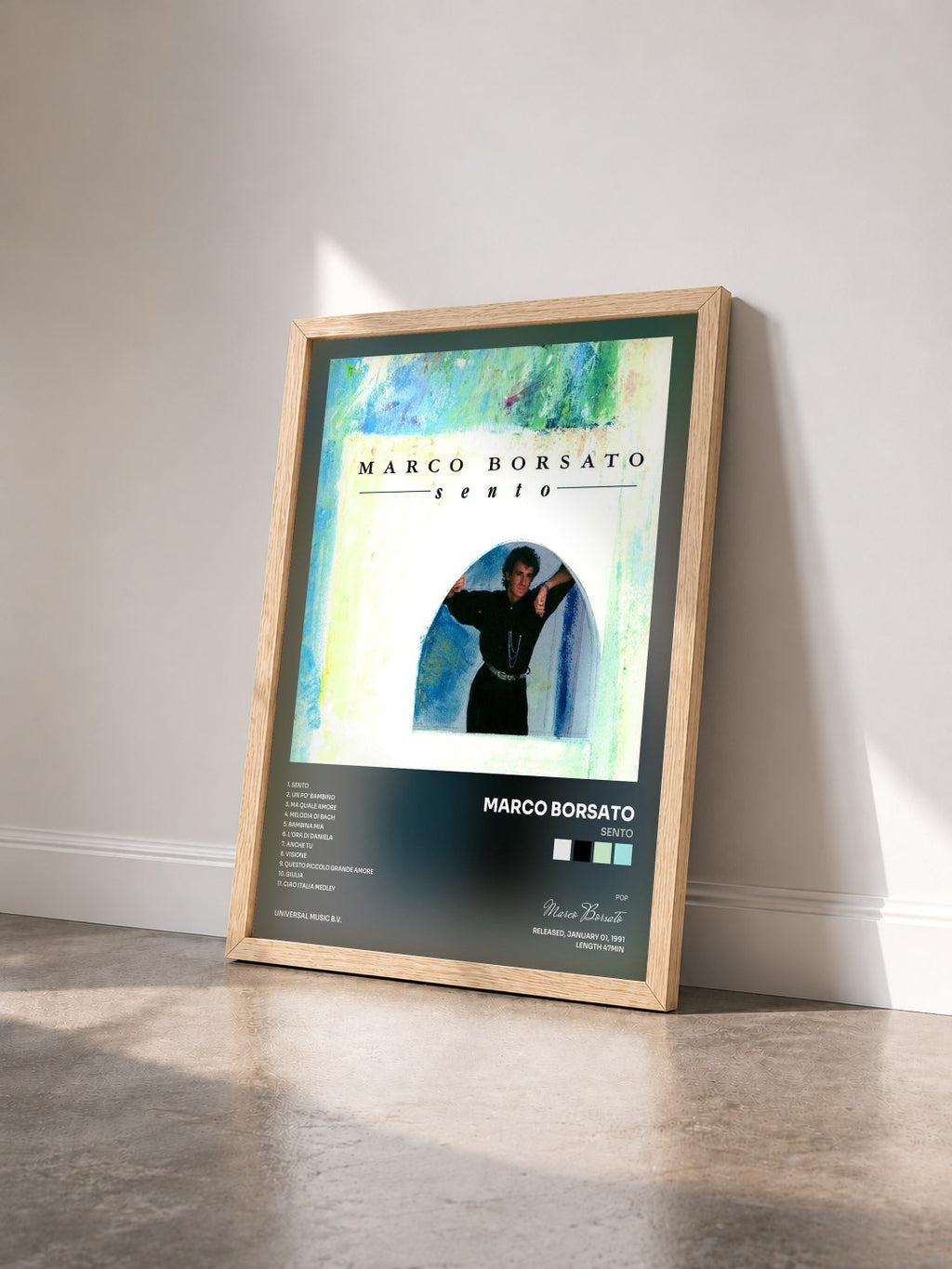 #bois Tableau de l'album Sento de Marco Borsato vu de trois quarts, cadre en bois brut